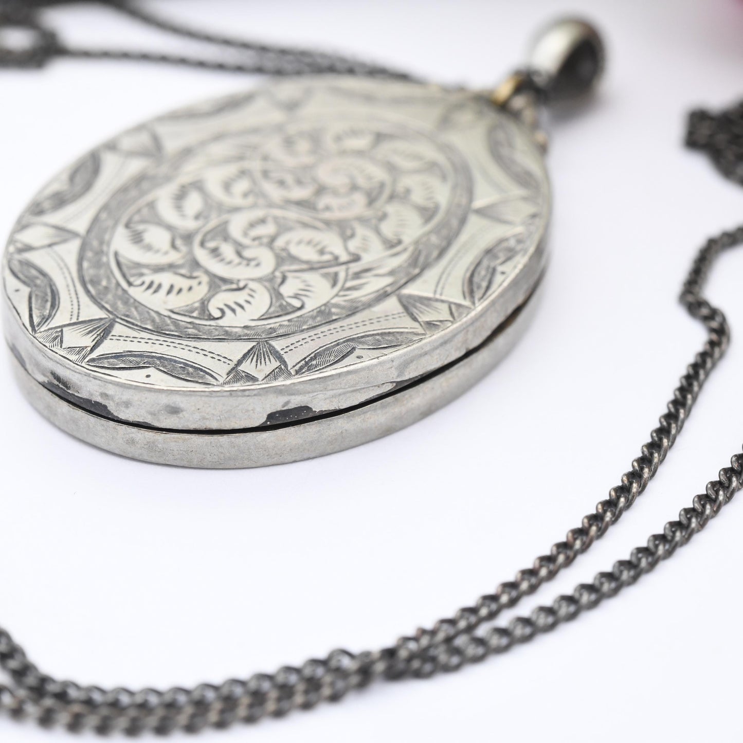 Antique Victorian Aesthetic Movement Locket on Sterling Silver Chain - Hand Engraved Scrolling Design Oval Pendant Necklace