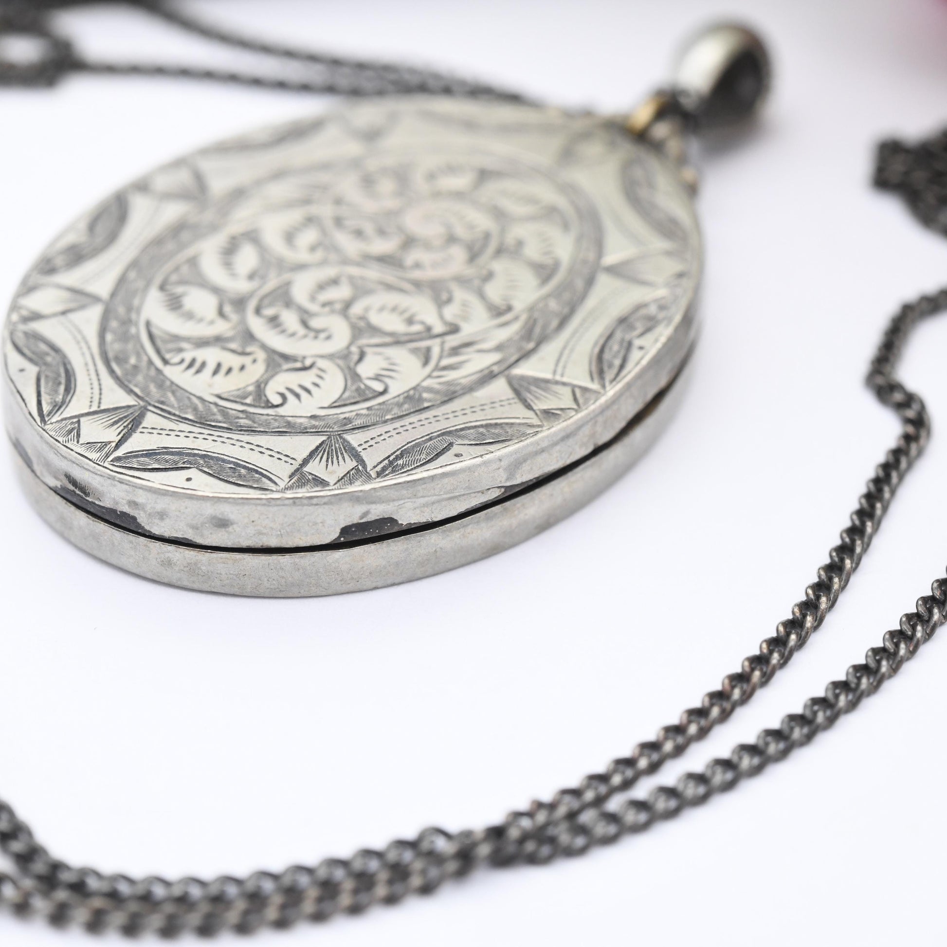 Antique Victorian Aesthetic Movement Locket on Sterling Silver Chain - Hand Engraved Scrolling Design Oval Pendant Necklace
