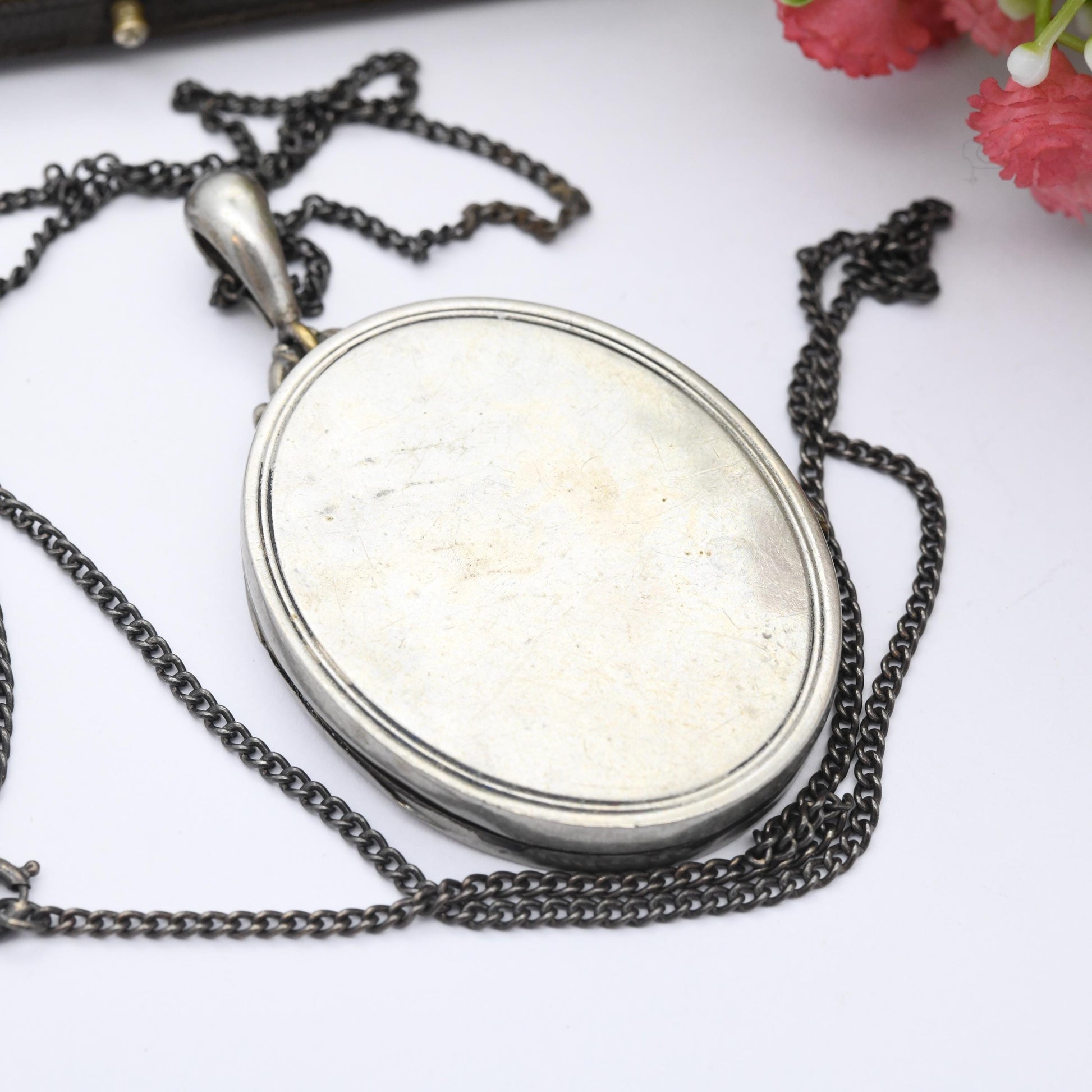 Antique Victorian Aesthetic Movement Locket on Sterling Silver Chain - Hand Engraved Scrolling Design Oval Pendant Necklace