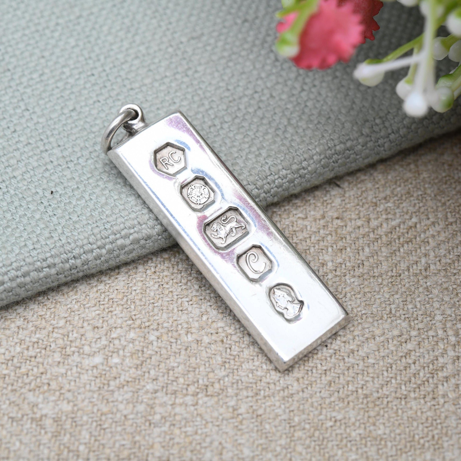 Vintage Sterling Silver Ingot Pendant 1977 Queen Elizabeth II Silver Jubilee Stamp - Hallmarked RC Carrs of Sheffield | Mid-Century Necklace