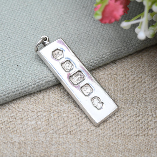 Vintage Sterling Silver Ingot Pendant 1977 Queen Elizabeth II Silver Jubilee Stamp - Hallmarked RC Carrs of Sheffield | Mid-Century Necklace