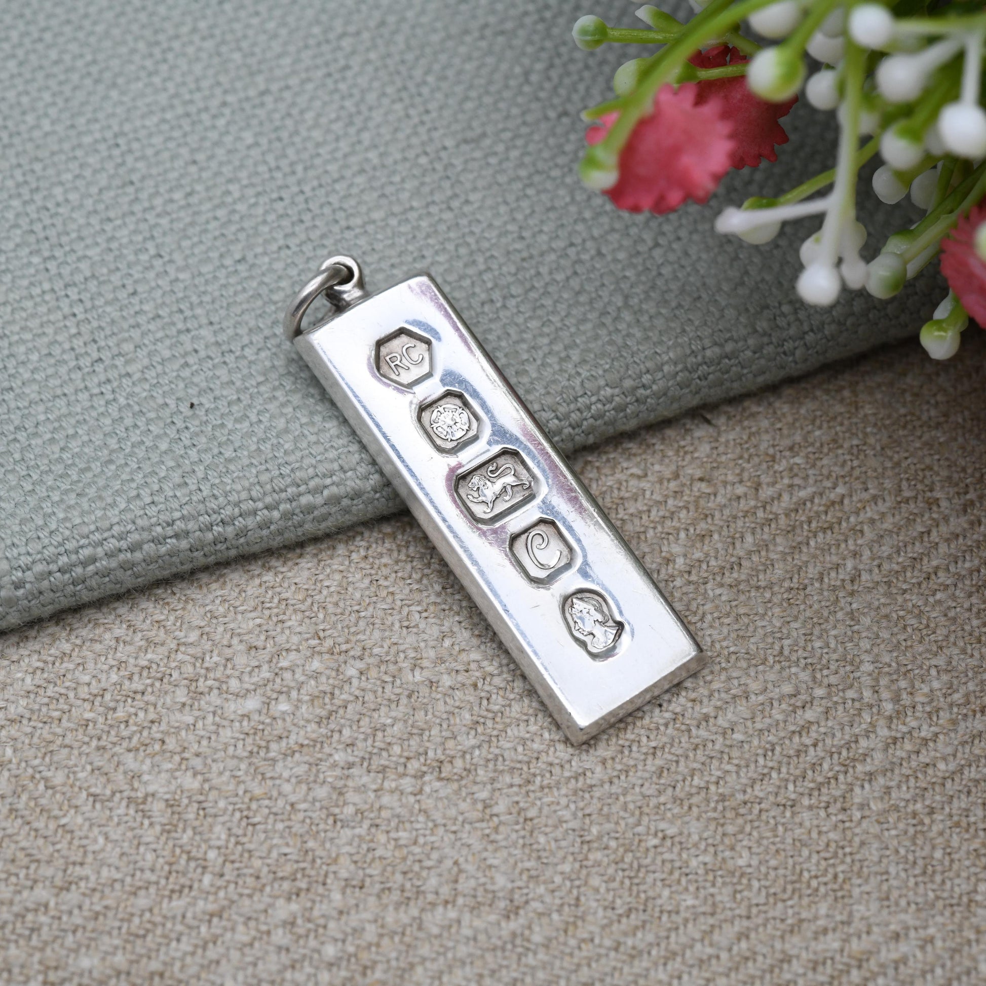 Vintage Sterling Silver Ingot Pendant 1977 Queen Elizabeth II Silver Jubilee Stamp - Hallmarked RC Carrs of Sheffield | Mid-Century Necklace