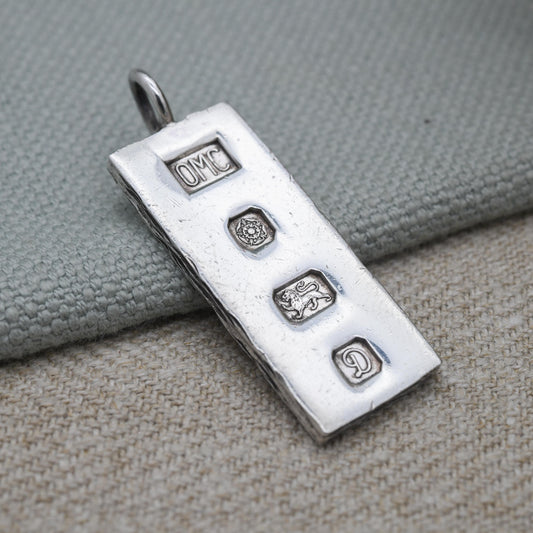 Vintage Sterling Silver Ingot Pendant 1978 - OMC Sheffield Hallmarks | Bark Effect Textured Edge Design | Mid-Century Necklace
