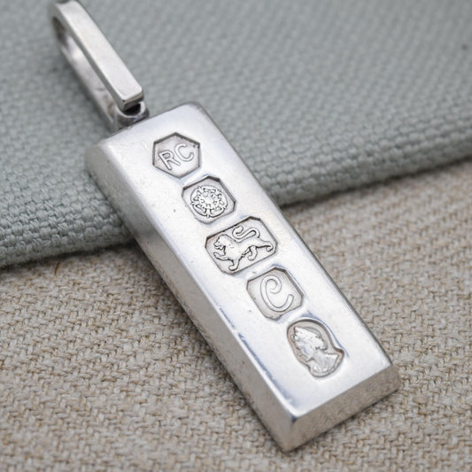 Vintage Sterling Silver Ingot Pendant 1977 Queen Elizabeth II Silver Jubilee Stamp - Hallmarked RC Carrs of Sheffield | Mid-Century Necklace