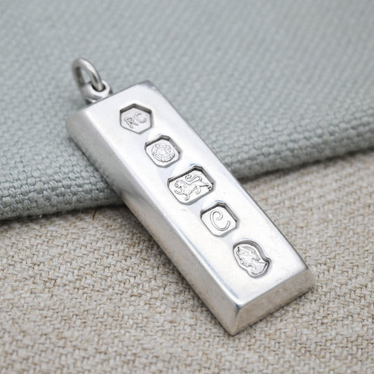 Vintage Sterling Silver Ingot Pendant 1977 Queen Elizabeth II Silver Jubilee Stamp - Hallmarked Carrs of Sheffield RC | Mid-Century Necklace