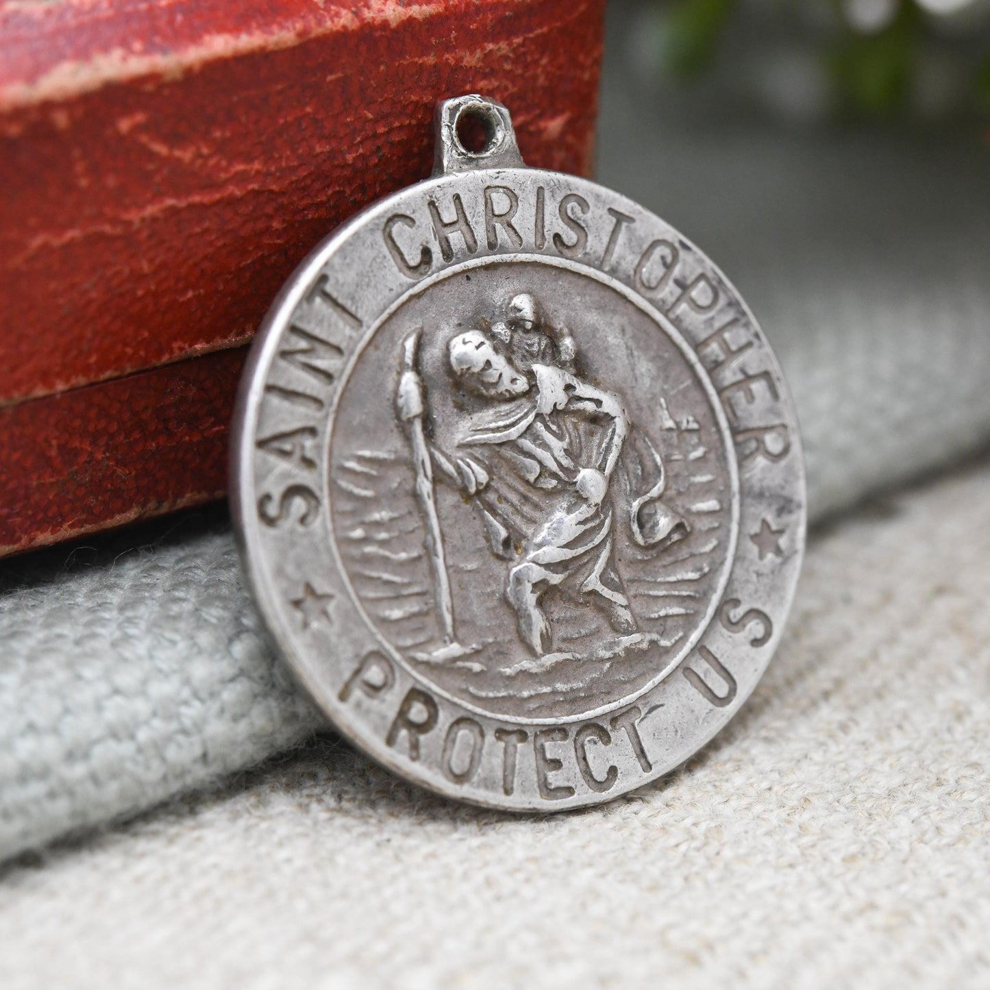 Vintage Sterling Silver St. Christopher Pendant Mid-Century - Saint Christopher Protect Us Border | Christian Religious Jewellery Gift