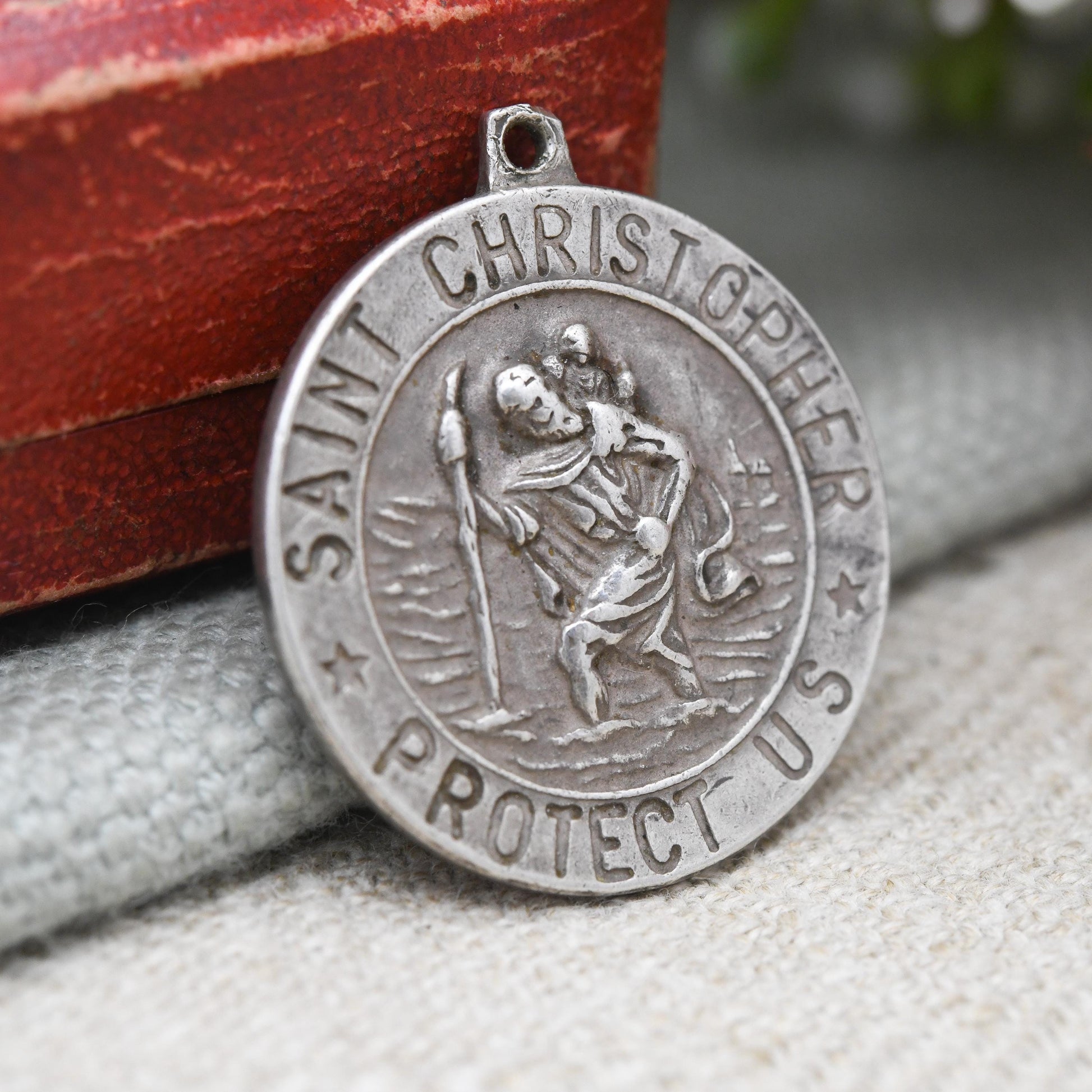 Vintage Sterling Silver St. Christopher Pendant Mid-Century - Saint Christopher Protect Us Border | Christian Religious Jewellery Gift