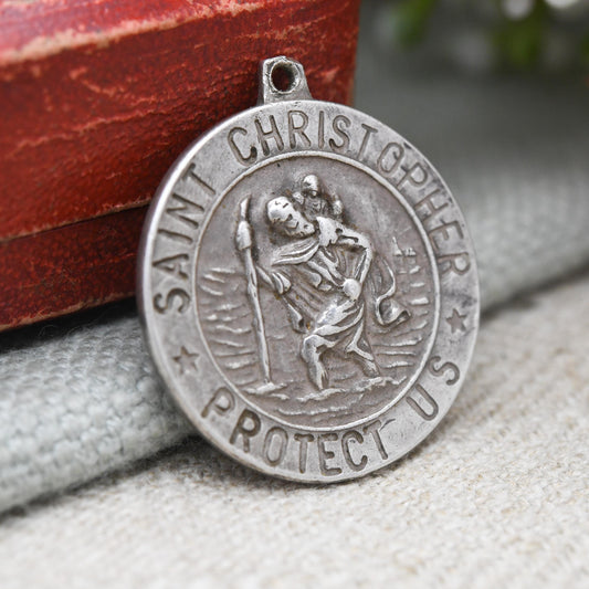 Vintage Sterling Silver St. Christopher Pendant Mid-Century - Saint Christopher Protect Us Border | Christian Religious Jewellery Gift
