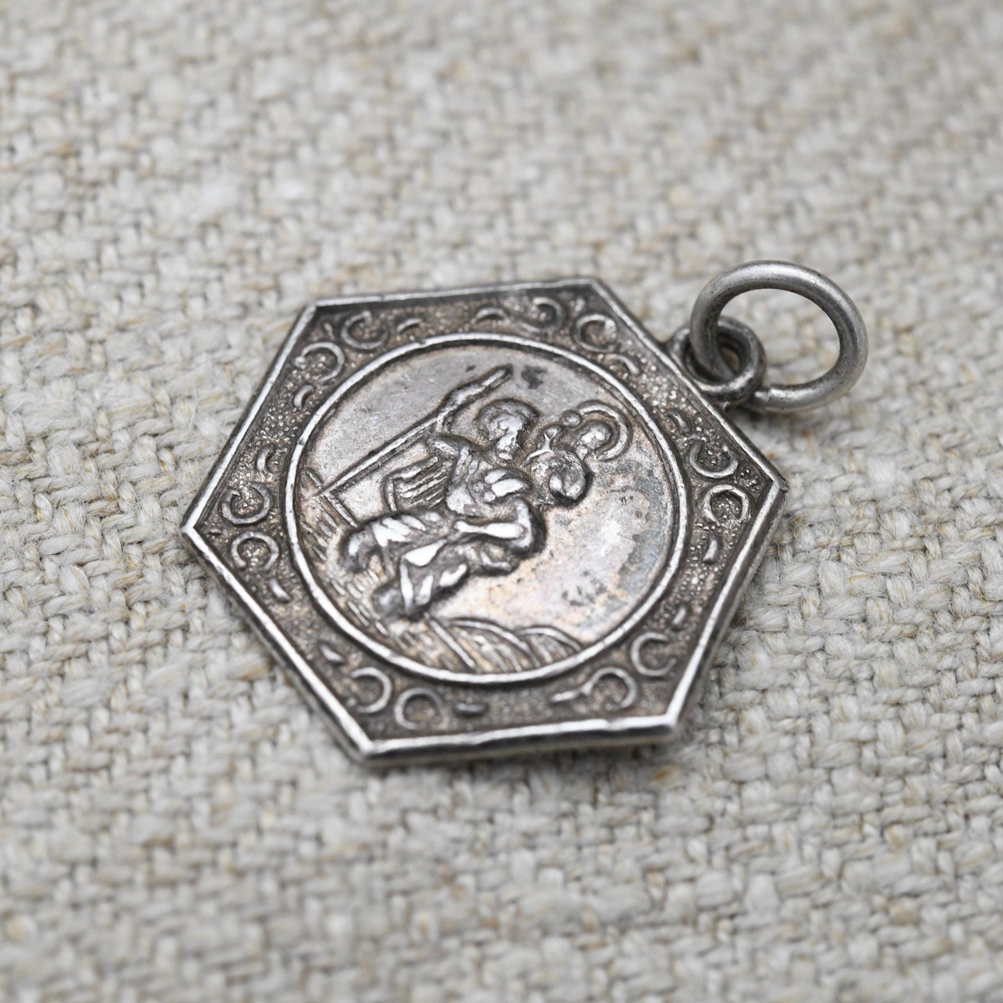 Vintage Sterling Silver St. Christopher Pendant Mid-Century - Textured Border | Saint of Travelling | Christian Religious Jewellery Gift