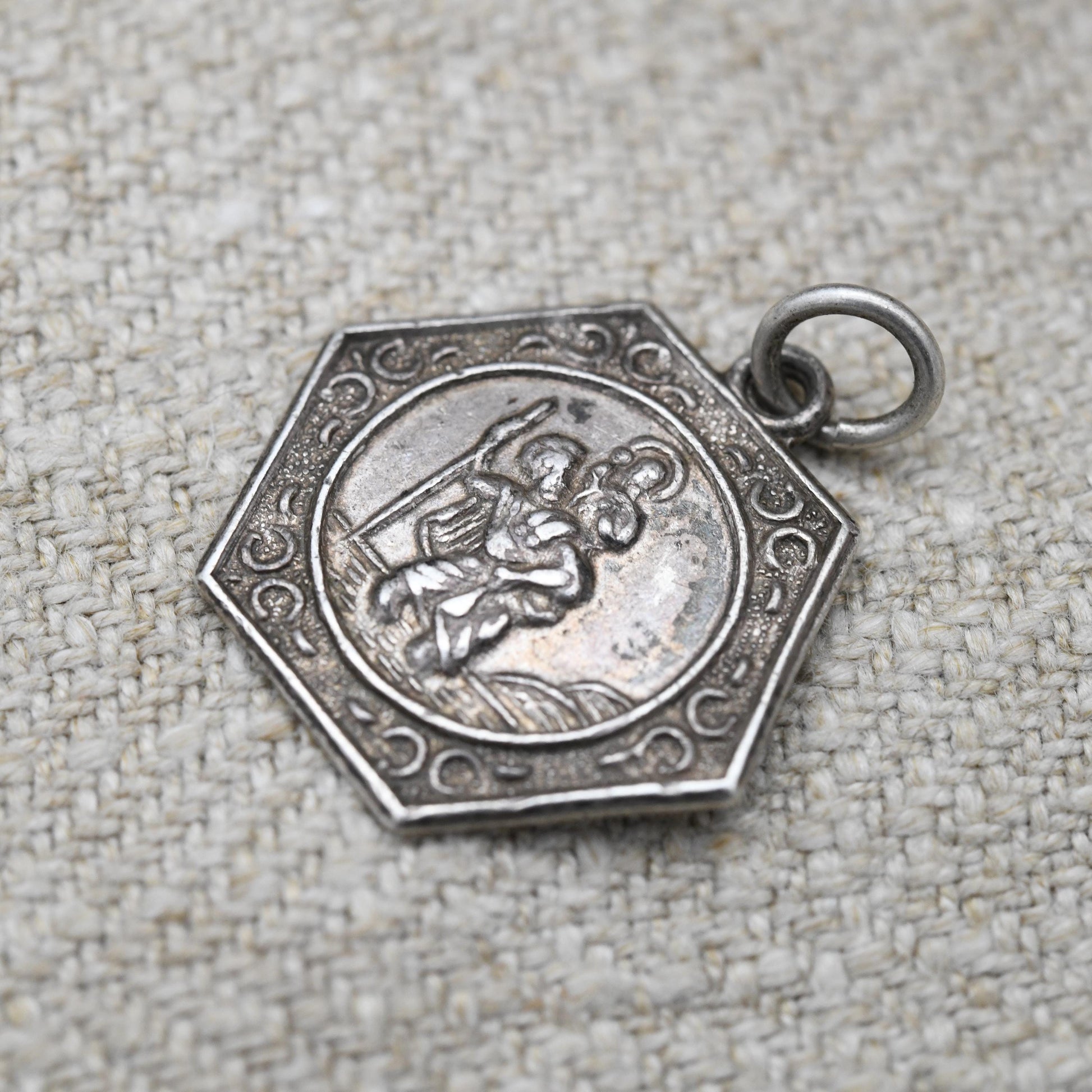 Vintage Sterling Silver St. Christopher Pendant Mid-Century - Textured Border | Saint of Travelling | Christian Religious Jewellery Gift