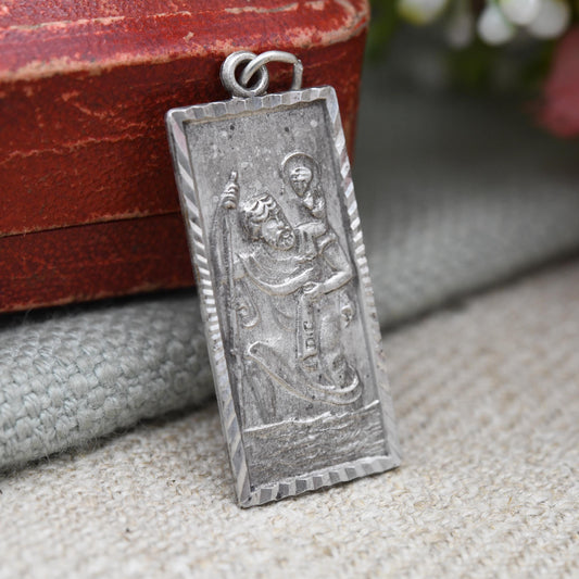 Vintage Sterling Silver St. Christopher Pendant Mid-Century - Rectangular Saint of Travelling | Christian Religious Detailed Jewellery Gift