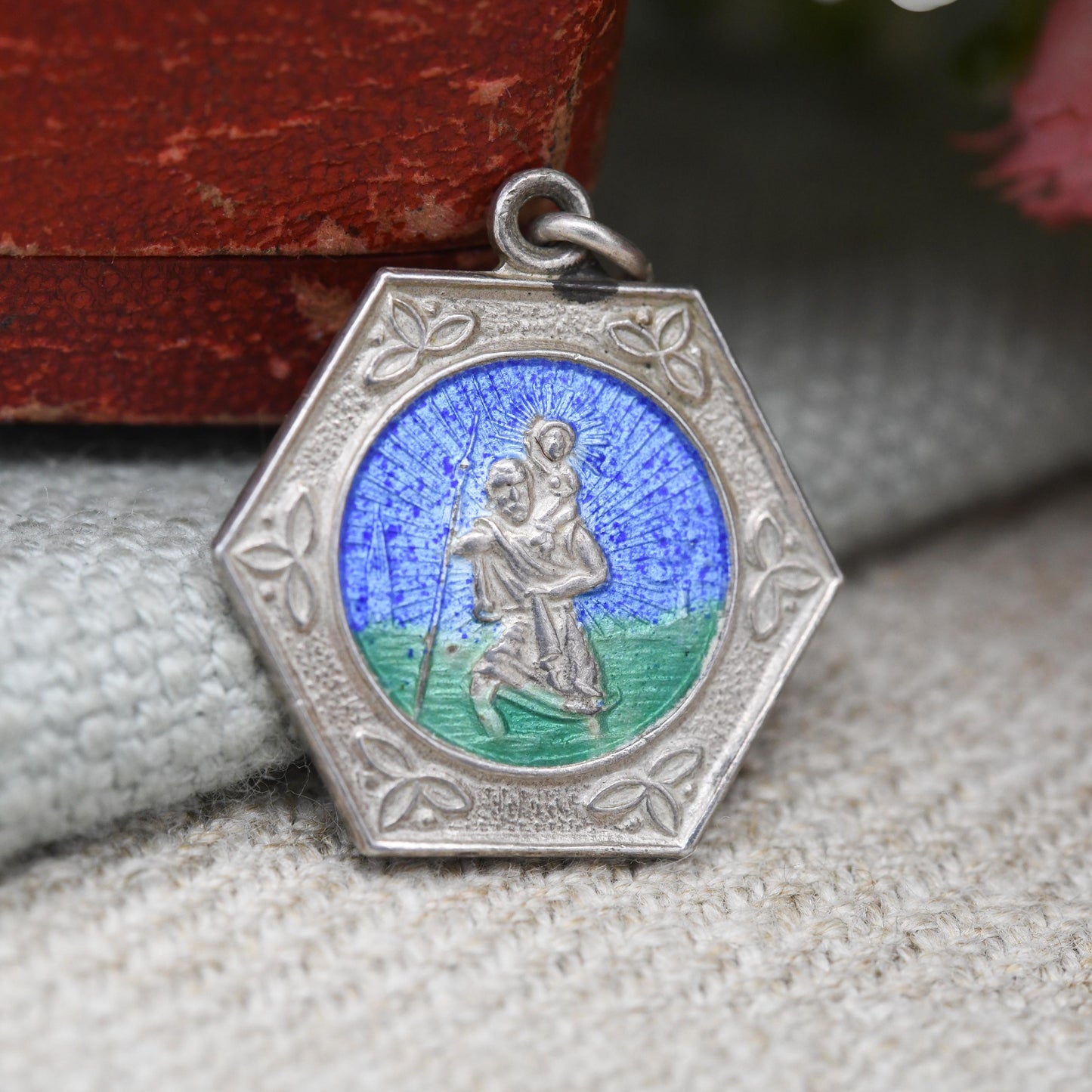Vintage Sterling Silver St. Christopher Pendant Mid-Century - Enamel | Hexagon | Saint of Travelling | Christian Religious Gift