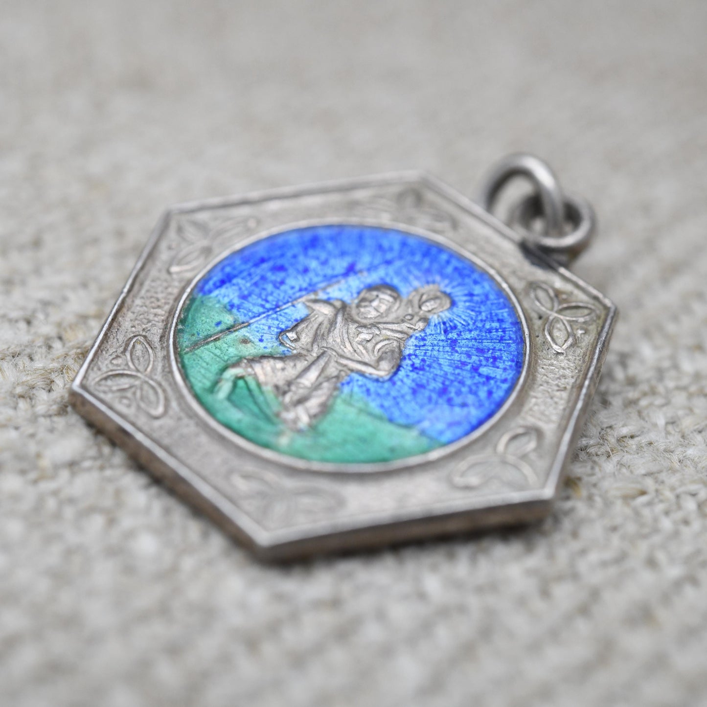 Vintage Sterling Silver St. Christopher Pendant Mid-Century - Enamel | Hexagon | Saint of Travelling | Christian Religious Gift