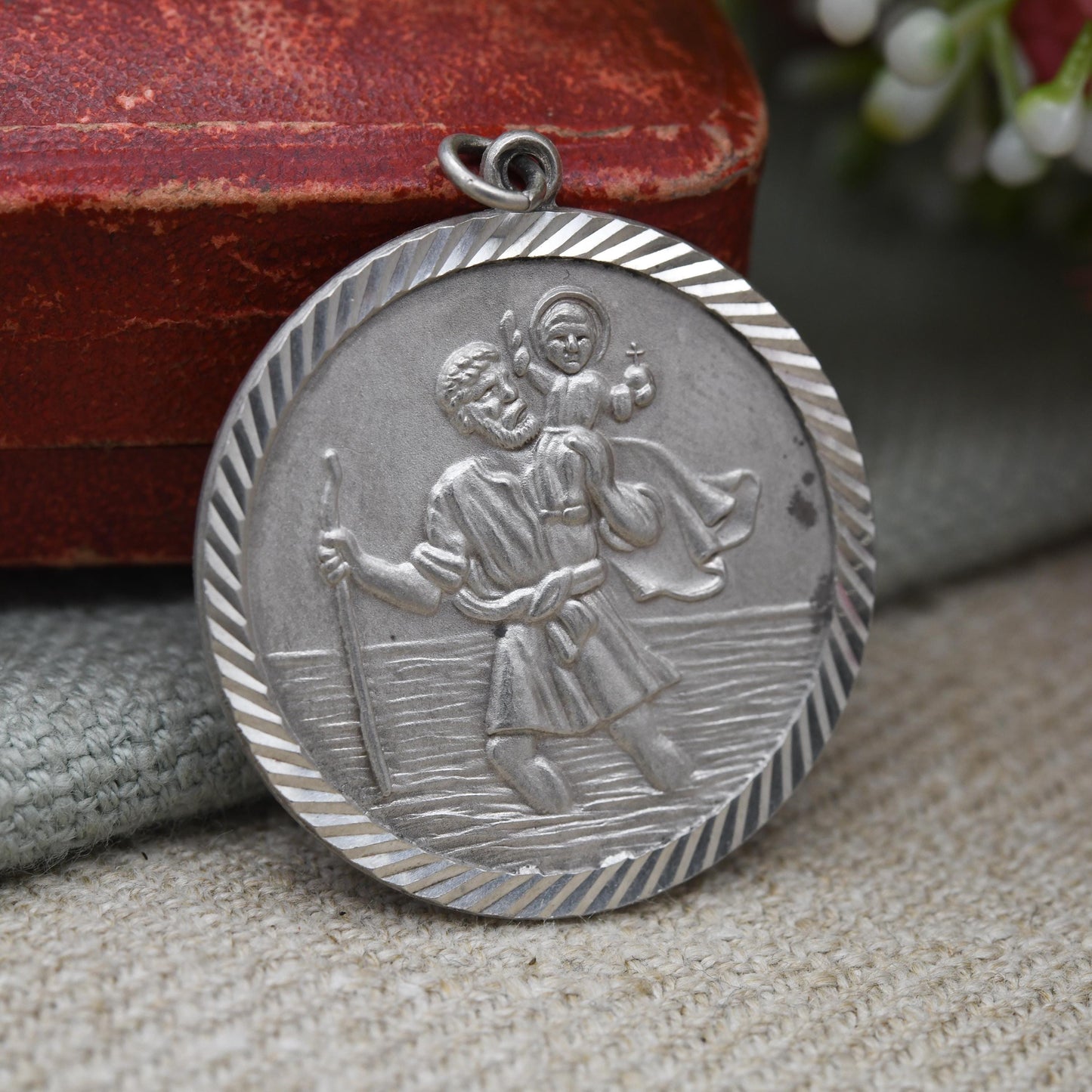 Vintage Sterling Silver St. Christopher Pendant Mid-Century - Large Circle Saint of Travelling | Christian Religious Detailed Jewellery Gift
