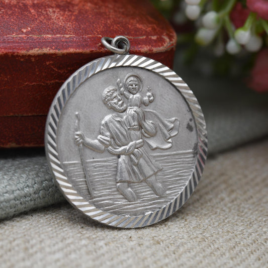 Vintage Sterling Silver St. Christopher Pendant Mid-Century - Large Circle Saint of Travelling | Christian Religious Detailed Jewellery Gift