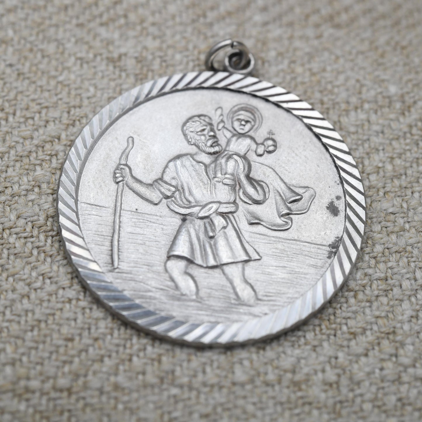 Vintage Sterling Silver St. Christopher Pendant Mid-Century - Large Circle Saint of Travelling | Christian Religious Detailed Jewellery Gift