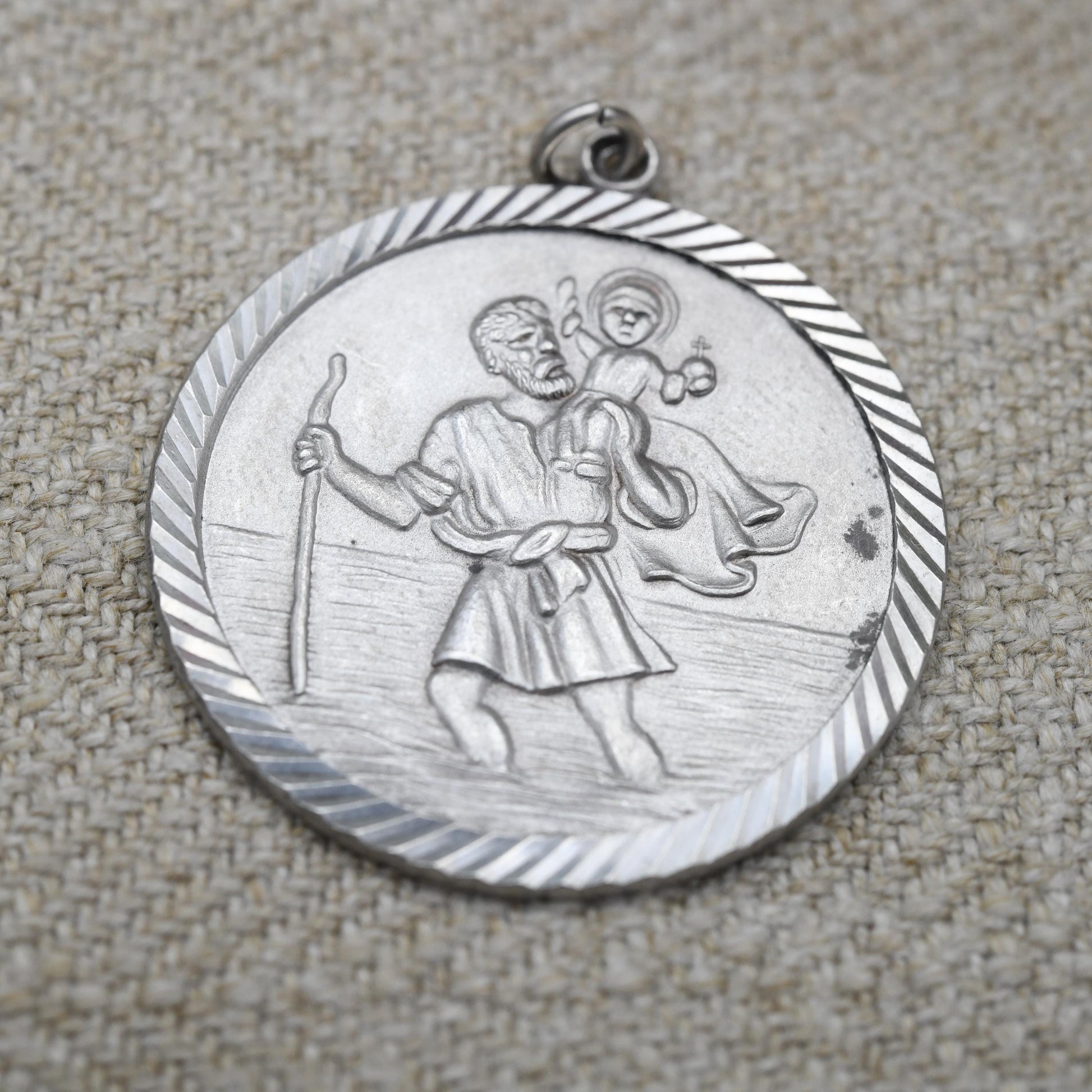 Vintage Sterling Silver St. Christopher Pendant Mid-Century - Large Circle Saint of Travelling | Christian Religious Detailed Jewellery Gift