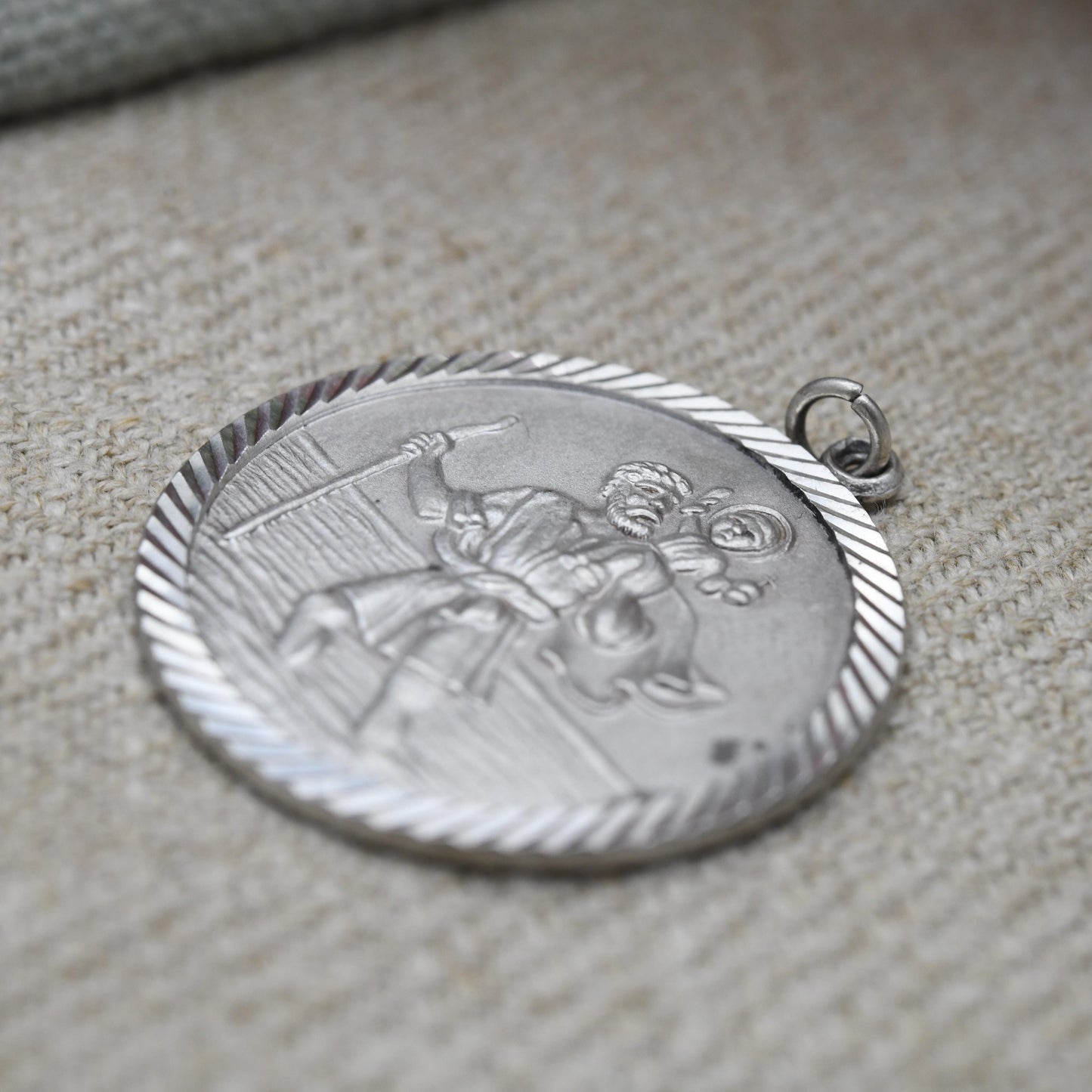 Vintage Sterling Silver St. Christopher Pendant Mid-Century - Large Circle Saint of Travelling | Christian Religious Detailed Jewellery Gift