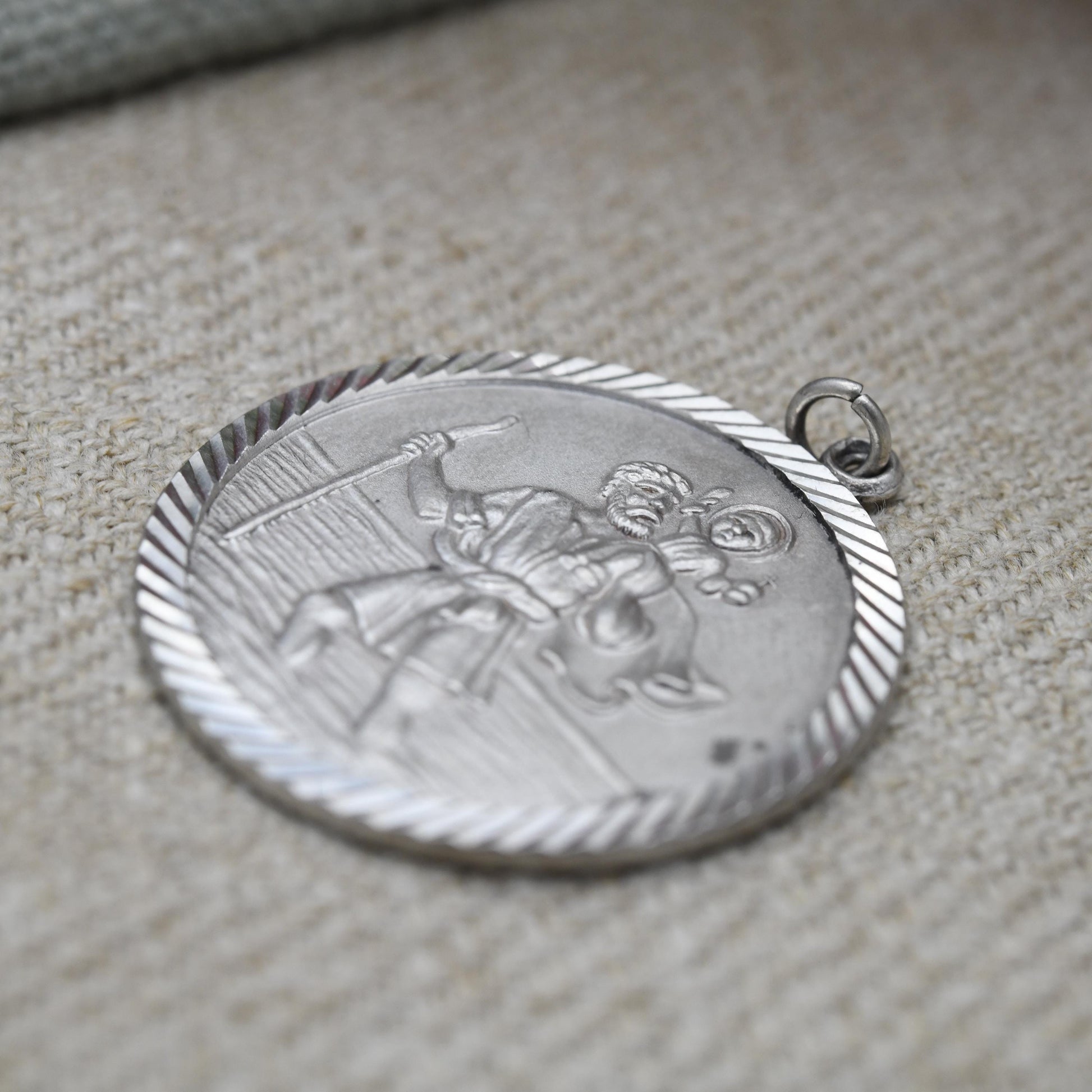 Vintage Sterling Silver St. Christopher Pendant Mid-Century - Large Circle Saint of Travelling | Christian Religious Detailed Jewellery Gift
