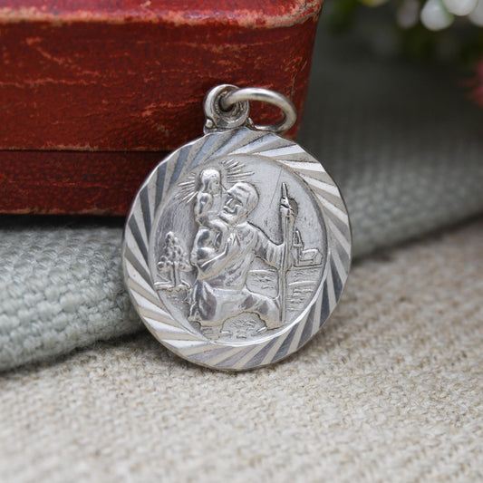 Vintage Sterling Silver St. Christopher Pendant Mid-Century - Circle | Saint of Travelling | Christian Religious Detailed Jewellery Gift