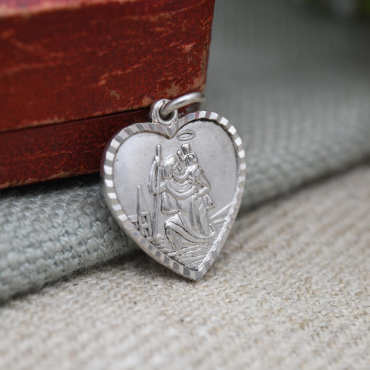 Vintage Sterling Silver St. Christopher Pendant Mid-Century - Love Heart | Saint of Travelling | Christian Religious Detailed Jewellery Gift