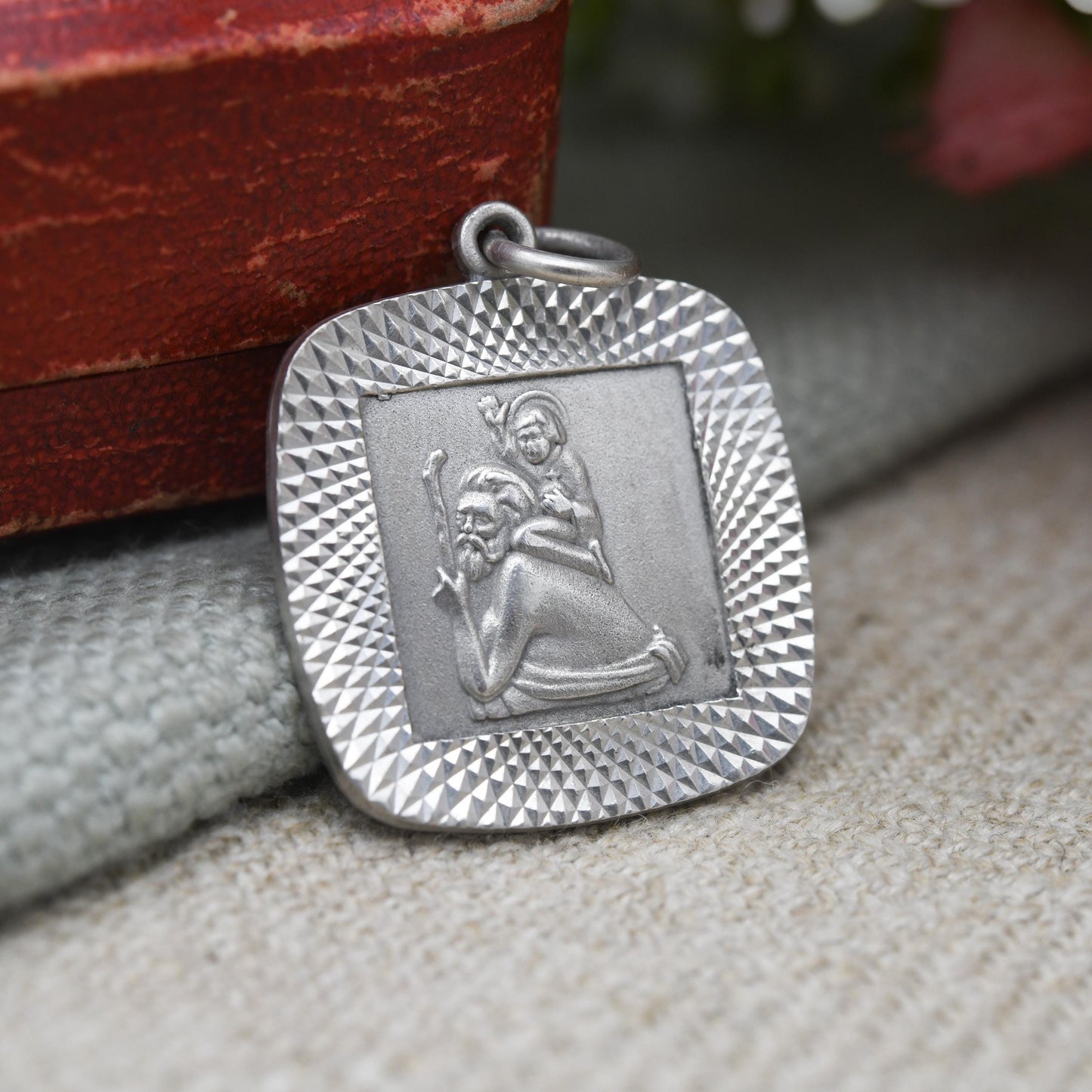 Vintage Sterling Silver St. Christopher Pendant Mid-Century - Rounded Square | Saint of Travelling | Christian Religious Jewellery Gift