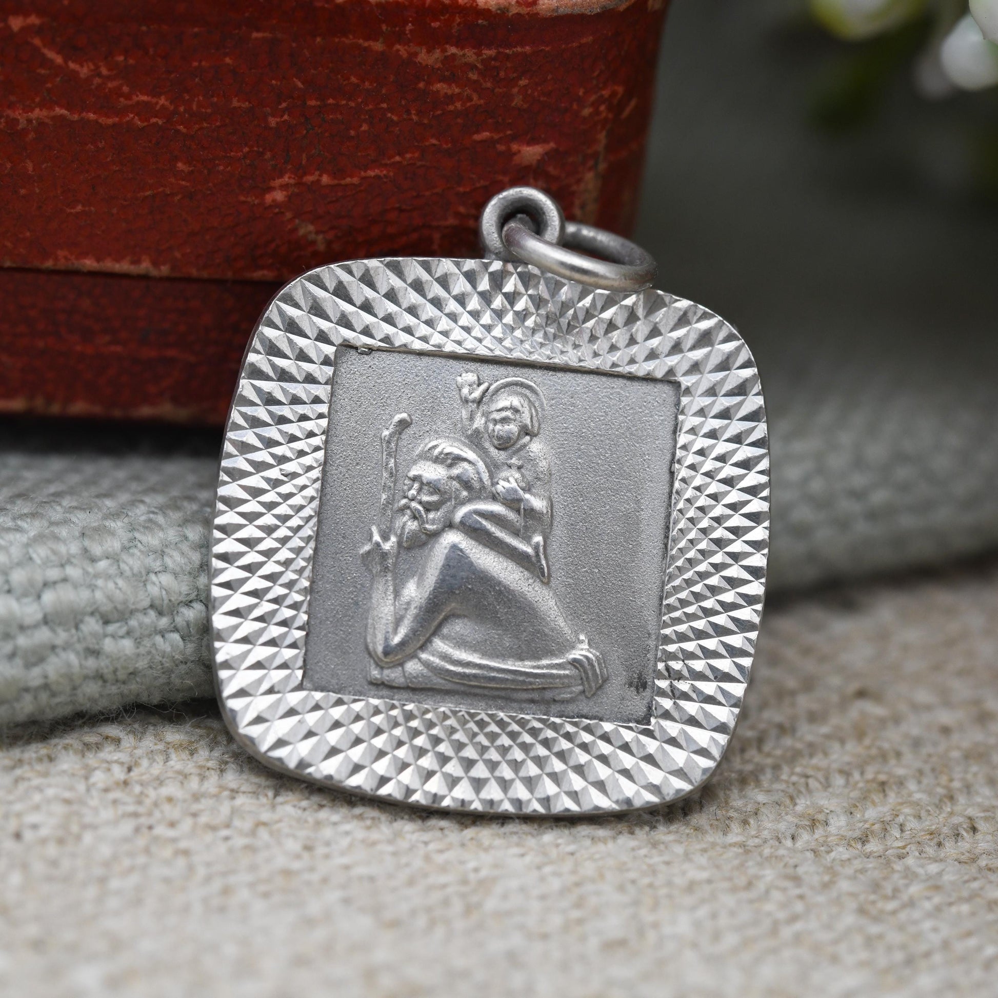 Vintage Sterling Silver St. Christopher Pendant Mid-Century - Rounded Square | Saint of Travelling | Christian Religious Jewellery Gift