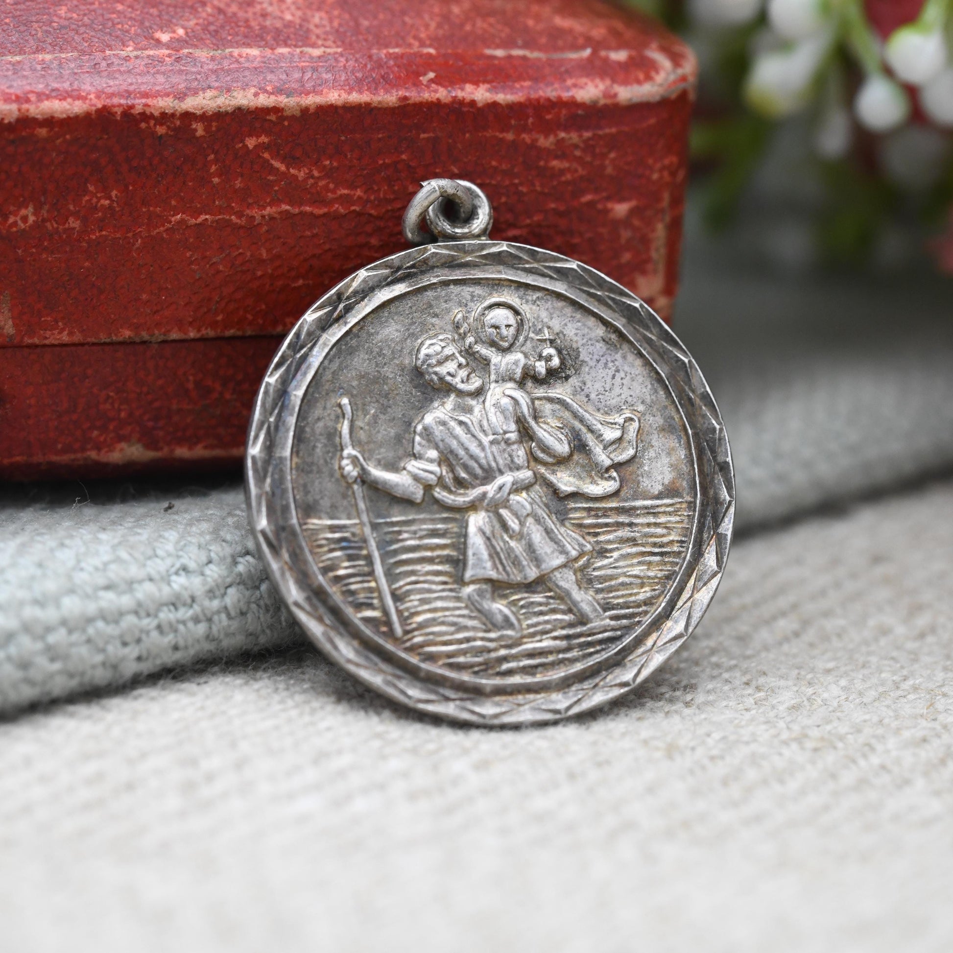 Vintage Sterling Silver St. Christopher Pendant Mid-Century - Geometric Border | Circle Saint of Travelling | Christian Jewellery Gift