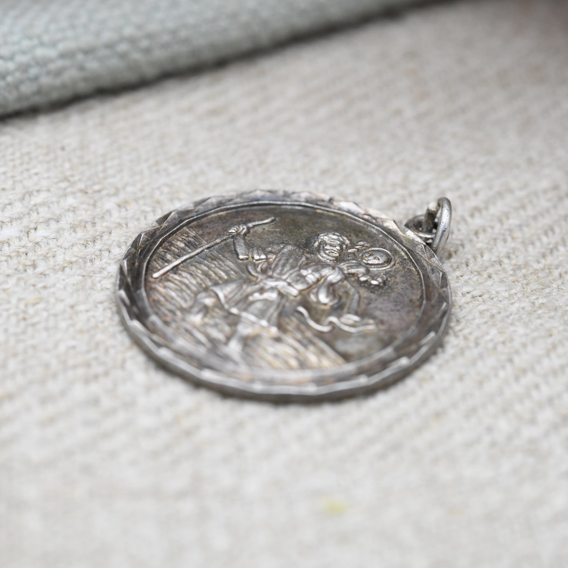 Vintage Sterling Silver St. Christopher Pendant Mid-Century - Geometric Border | Circle Saint of Travelling | Christian Jewellery Gift