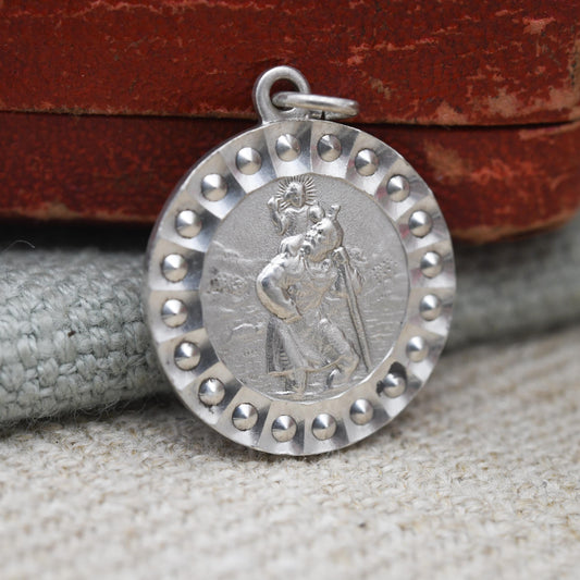 Vintage Sterling Silver St. Christopher Pendant Mid-Century - Beaded Edge | Christian Religious Detailed Jewellery Gift