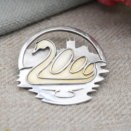 Vintage Sterling Silver and Gold Plated Swan Millennium Brooch - Openwork | Worcester Cathedral | Worcestershire | Y2K