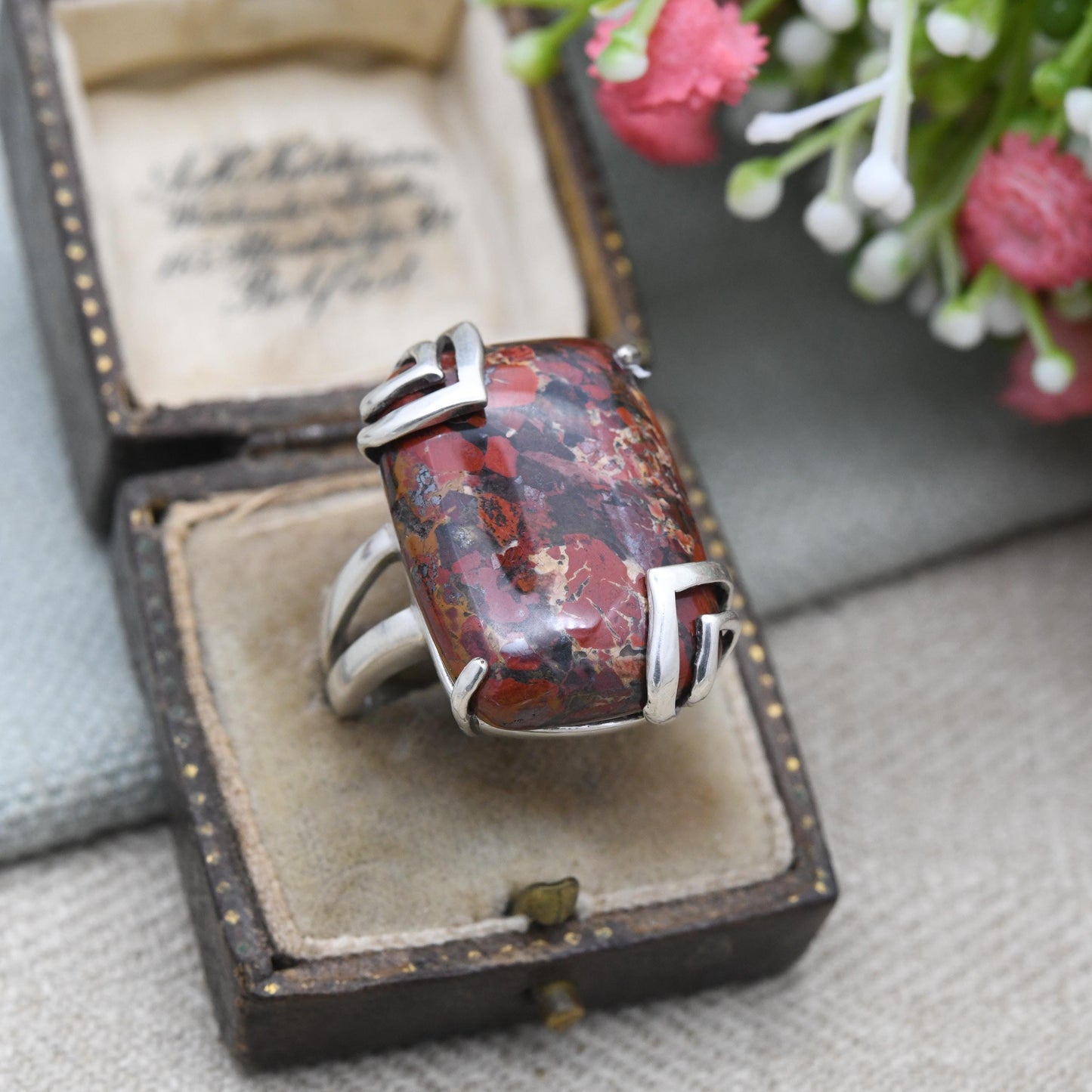 Vintage Sterling Silver Red Agate Ring - Chunky | Modernist | Red Stone | Statement Ring | UK Size - R | US Size - 8 3/4