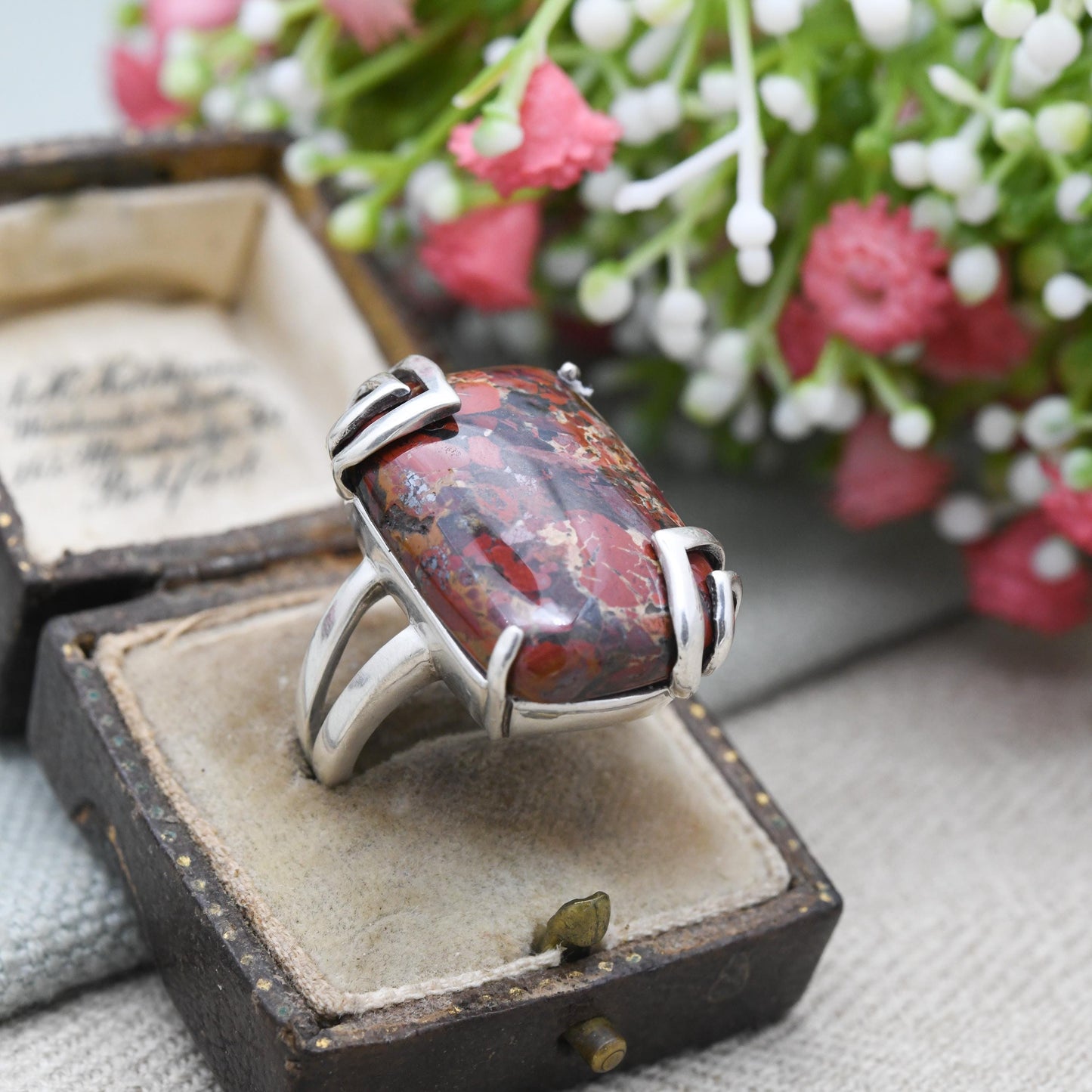 Vintage Sterling Silver Red Agate Ring - Chunky | Modernist | Red Stone | Statement Ring | UK Size - R | US Size - 8 3/4