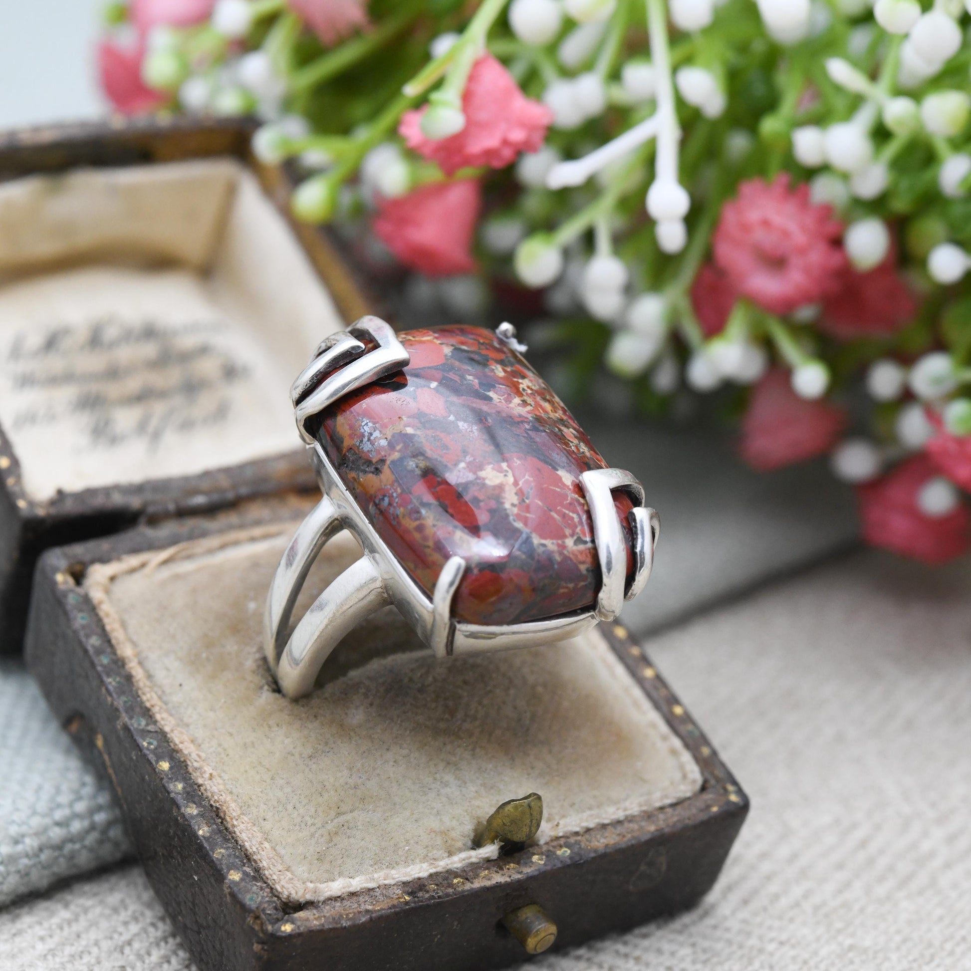 Vintage Sterling Silver Red Agate Ring - Chunky | Modernist | Red Stone | Statement Ring | UK Size - R | US Size - 8 3/4