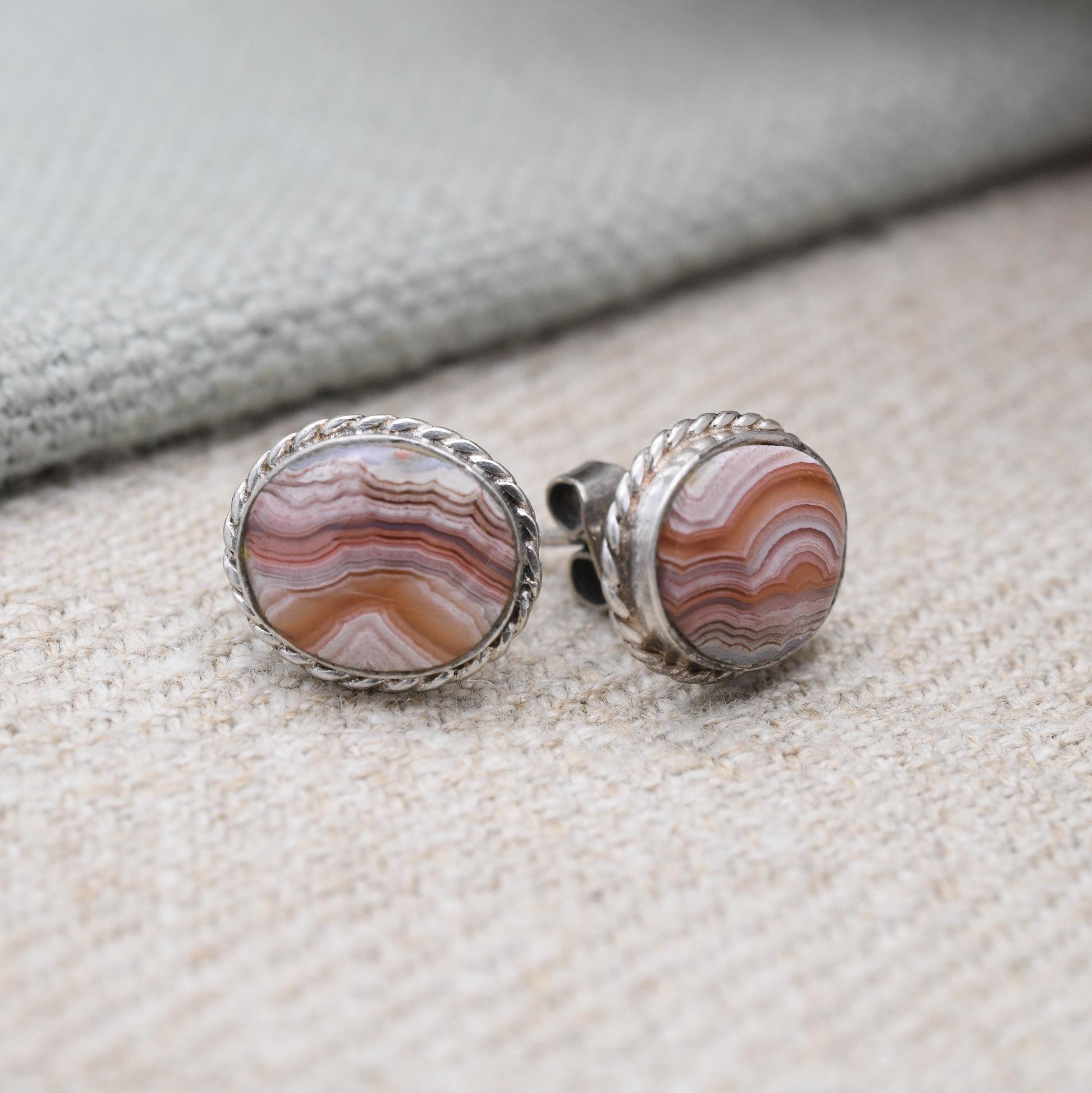 Vintage Agate Sterling Silver Stud Earrings - Cute Gemstone Studs | Rope Twist Border | Pretty Gift for Her | Butterfly Backs
