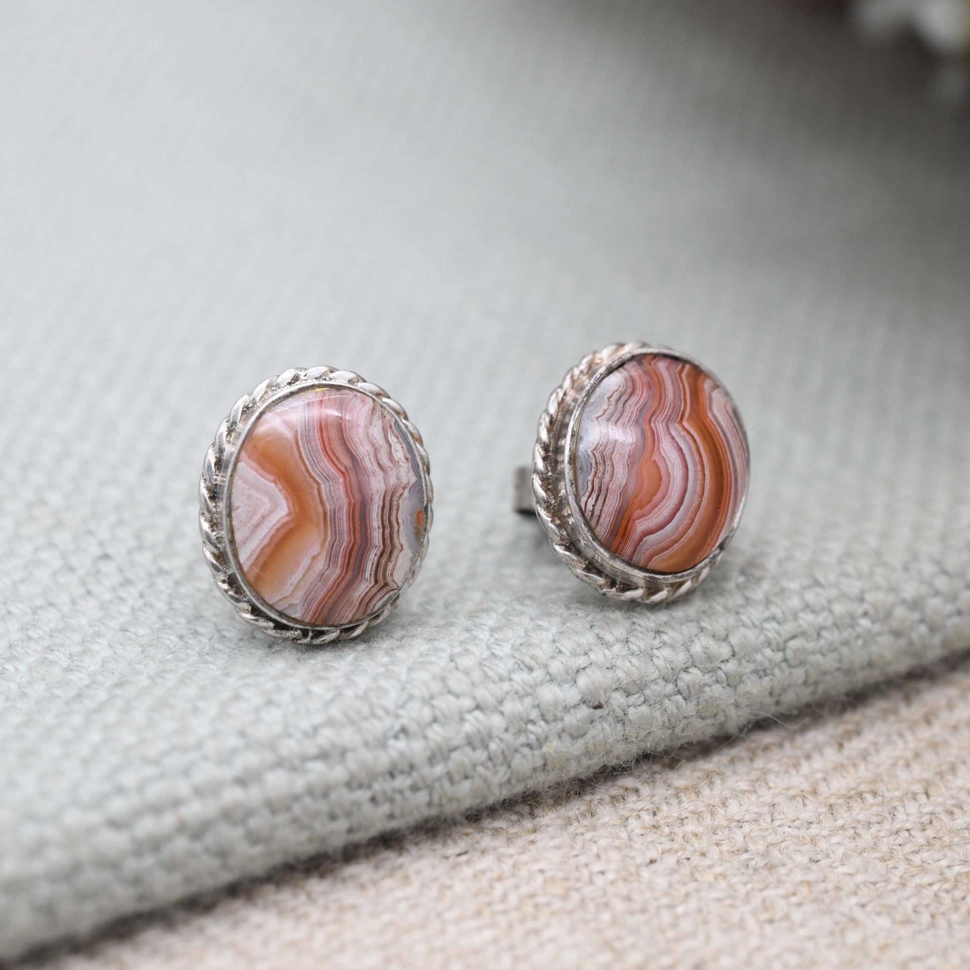 Vintage Agate Sterling Silver Stud Earrings - Cute Gemstone Studs | Rope Twist Border | Pretty Gift for Her | Butterfly Backs