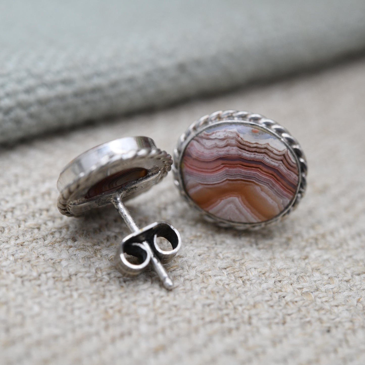 Vintage Agate Sterling Silver Stud Earrings - Cute Gemstone Studs | Rope Twist Border | Pretty Gift for Her | Butterfly Backs