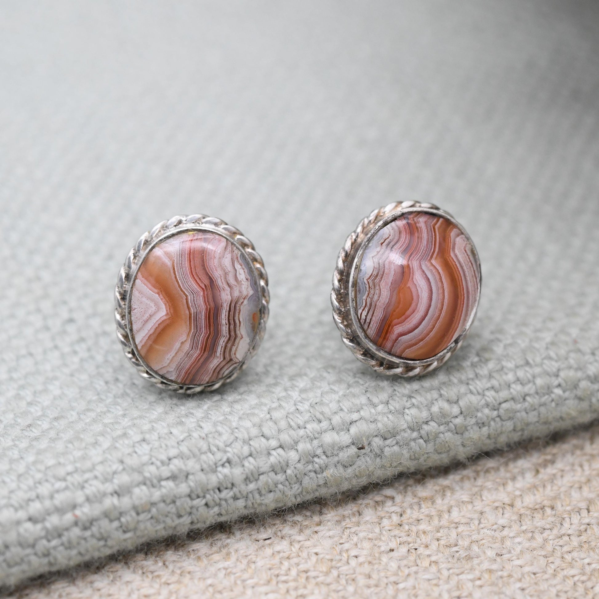 Vintage Agate Sterling Silver Stud Earrings - Cute Gemstone Studs | Rope Twist Border | Pretty Gift for Her | Butterfly Backs
