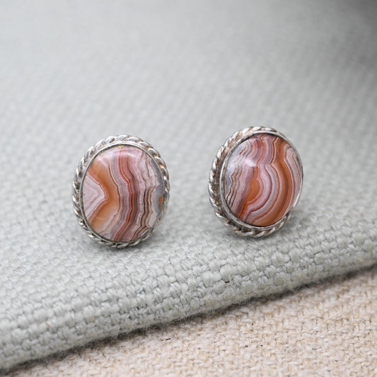 Vintage Agate Sterling Silver Stud Earrings - Cute Gemstone Studs | Rope Twist Border | Pretty Gift for Her | Butterfly Backs
