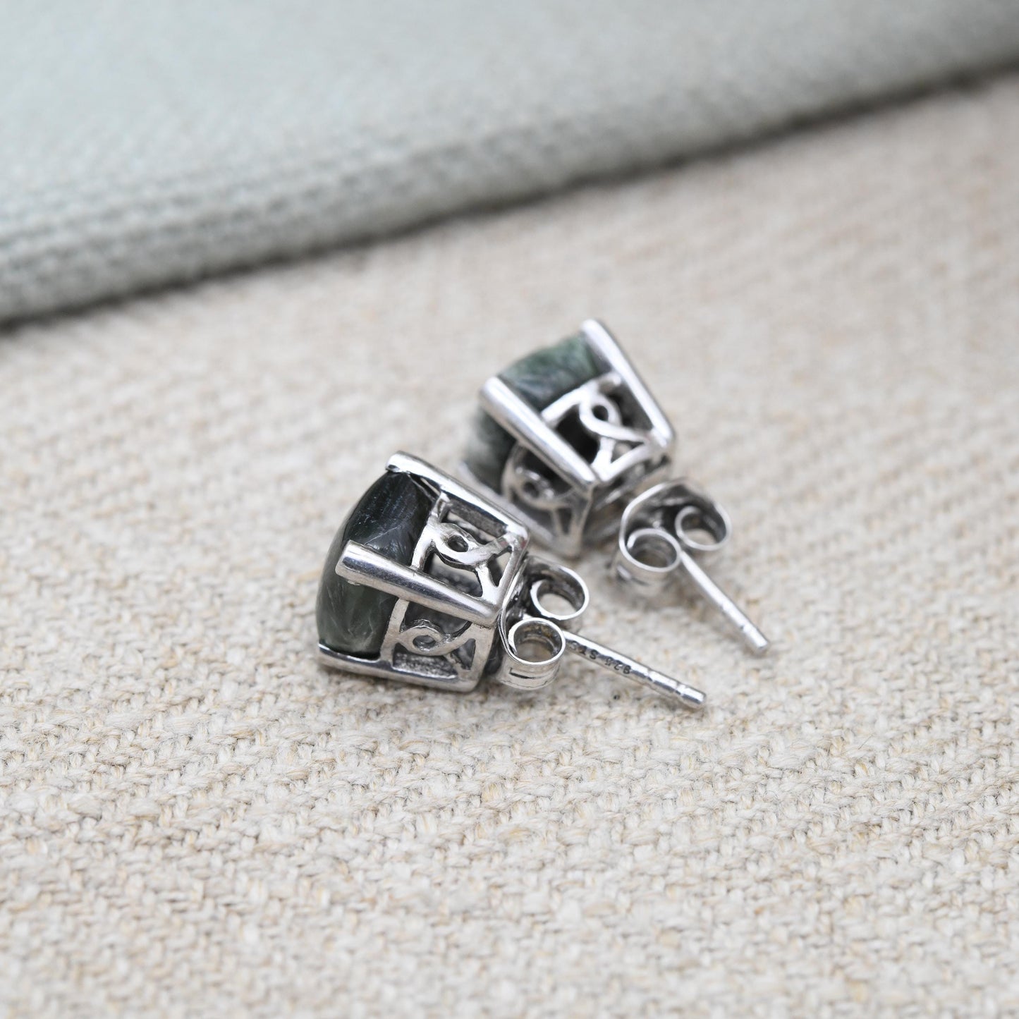 Vintage Sterling Silver Green Stone Stud Earrings - Cute Cabochon Studs | Green Gemstones with Silver Prongs