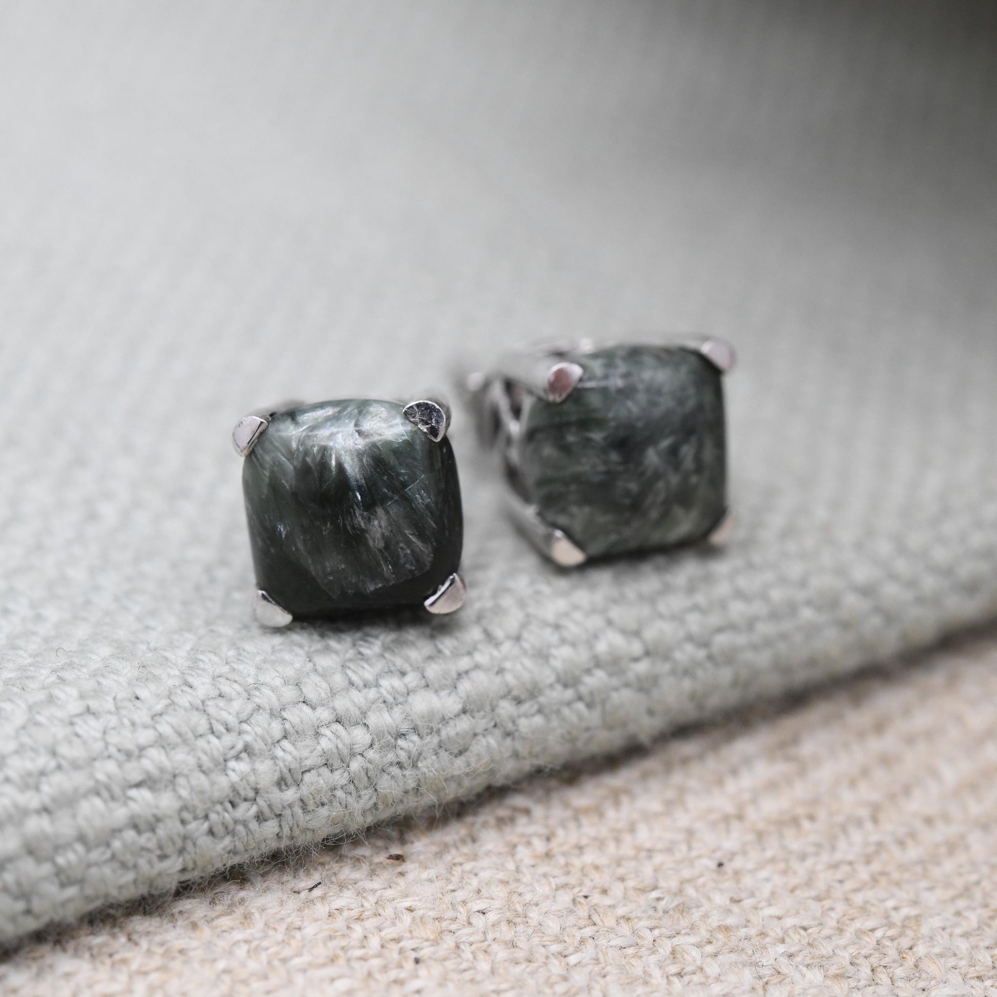 Vintage Sterling Silver Green Stone Stud Earrings - Cute Cabochon Studs | Green Gemstones with Silver Prongs