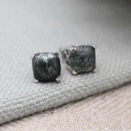 Vintage Sterling Silver Green Stone Stud Earrings - Cute Cabochon Studs | Green Gemstones with Silver Prongs