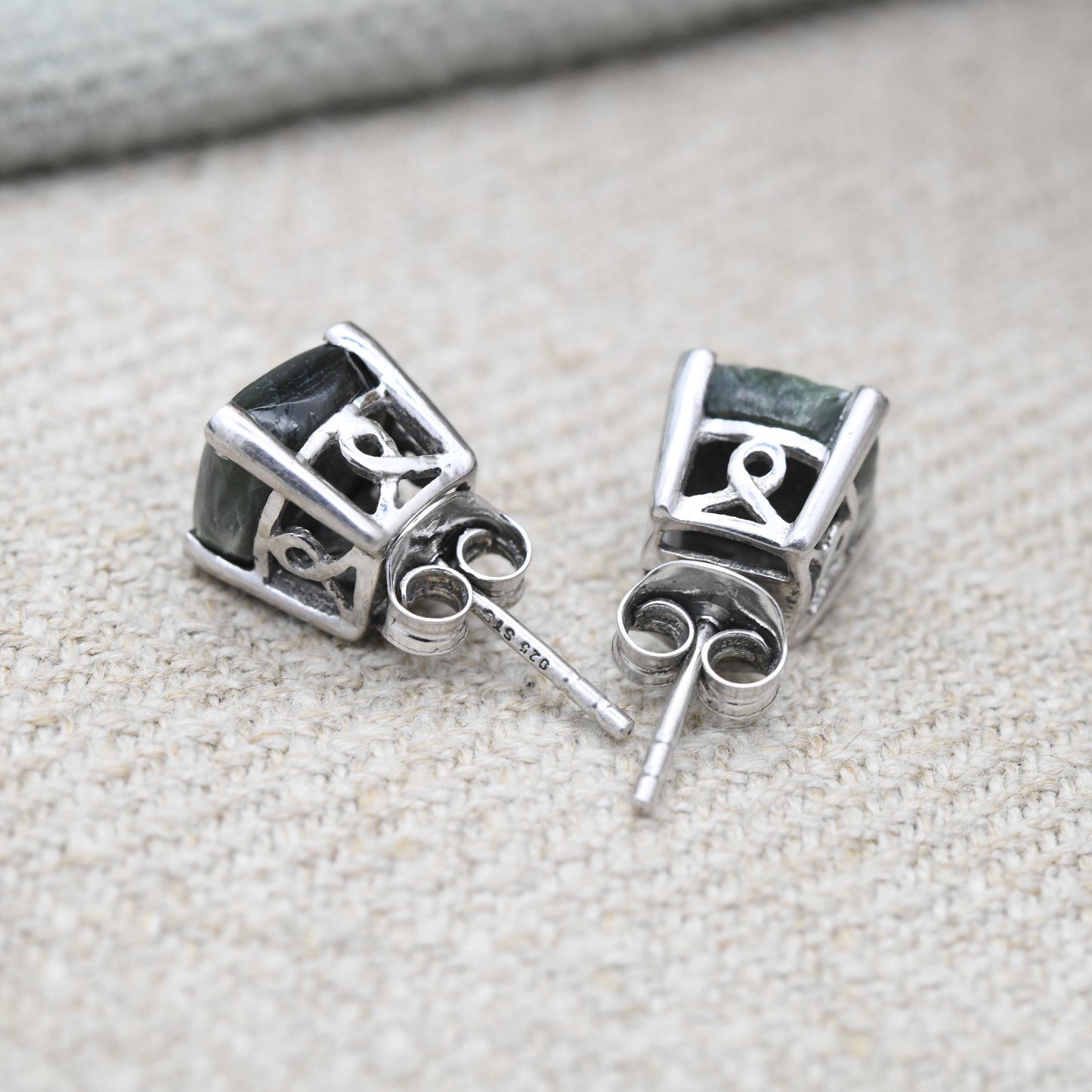 Vintage Sterling Silver Green Stone Stud Earrings - Cute Cabochon Studs | Green Gemstones with Silver Prongs