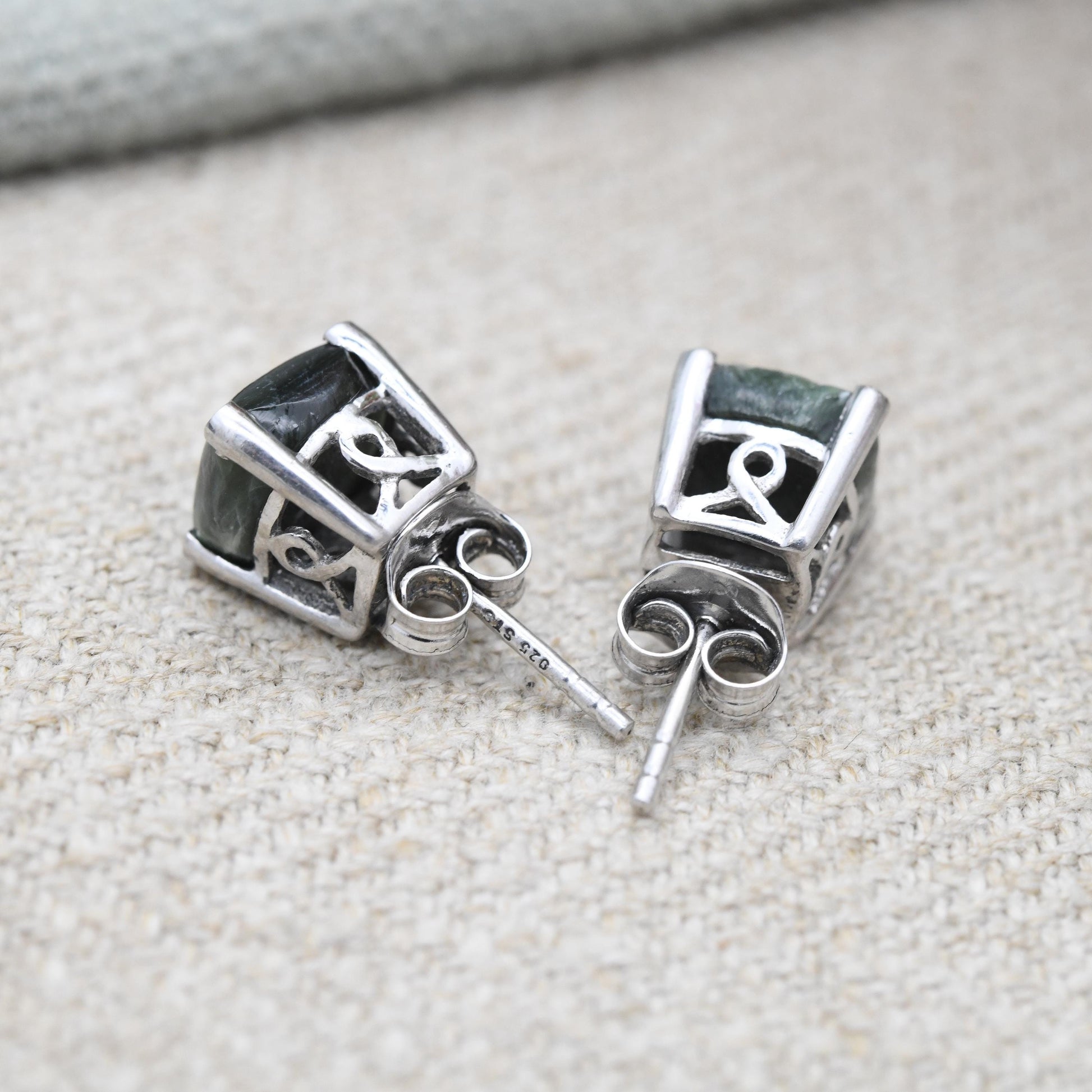 Vintage Sterling Silver Green Stone Stud Earrings - Cute Cabochon Studs | Green Gemstones with Silver Prongs