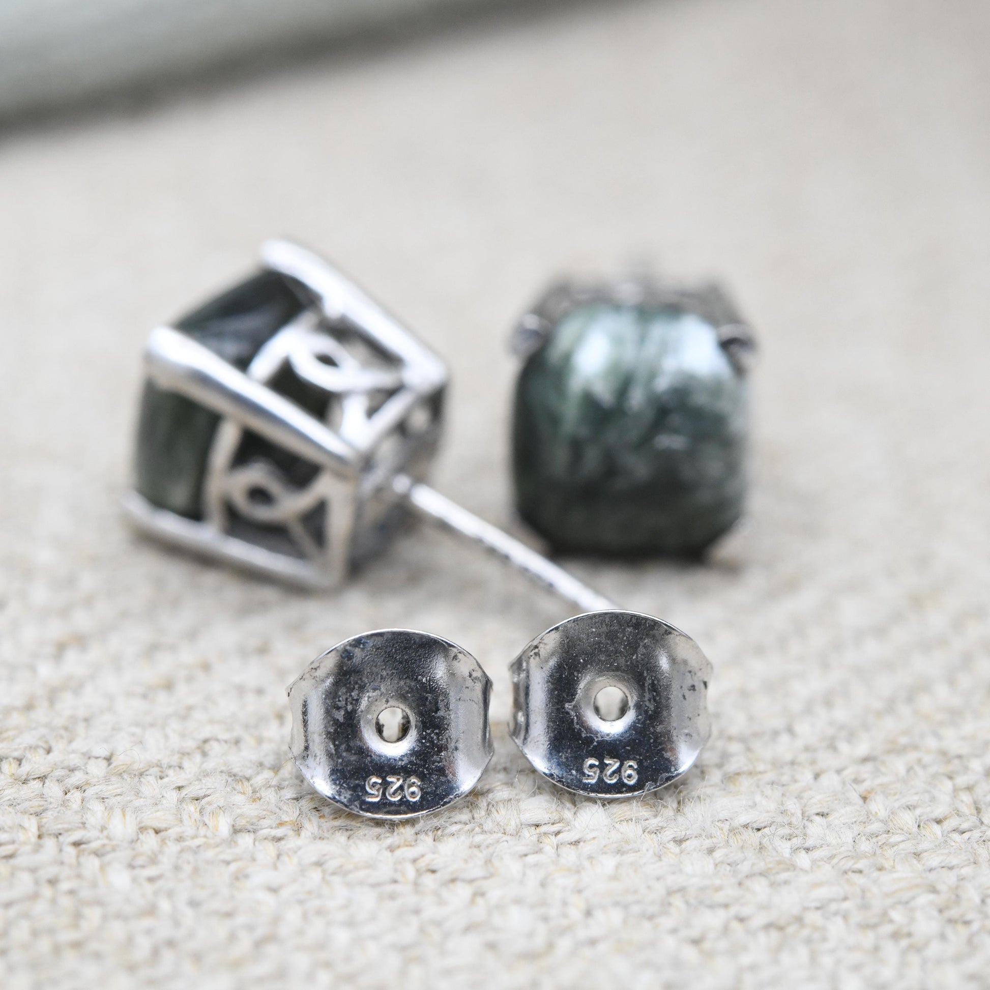 Vintage Sterling Silver Green Stone Stud Earrings - Cute Cabochon Studs | Green Gemstones with Silver Prongs