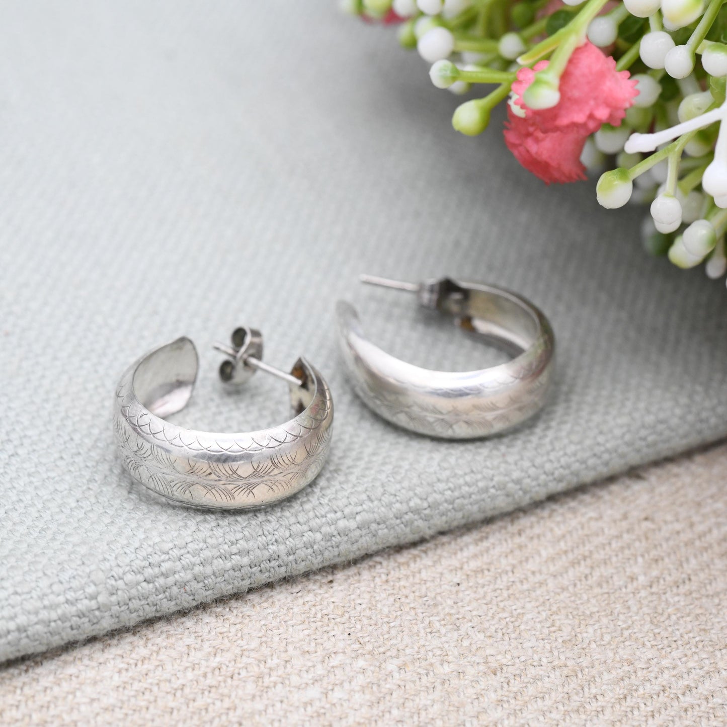Vintage Sterling Silver C Hoop Earrings - Minimalist | Etched Geometric Pattern Design | Statement Jewellery