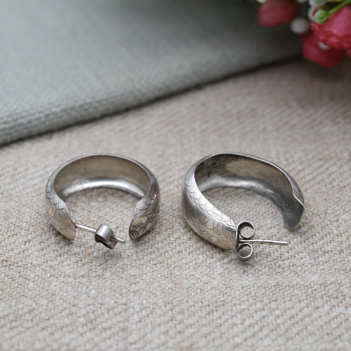 Vintage Sterling Silver C Hoop Earrings - Minimalist | Etched Geometric Pattern Design | Statement Jewellery