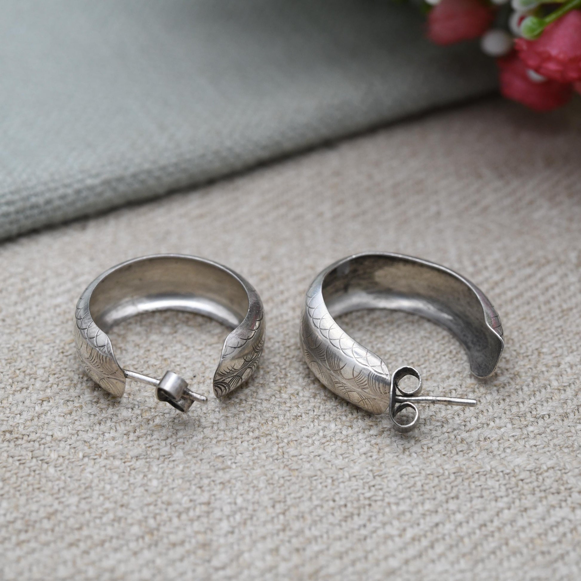 Vintage Sterling Silver C Hoop Earrings - Minimalist | Etched Geometric Pattern Design | Statement Jewellery