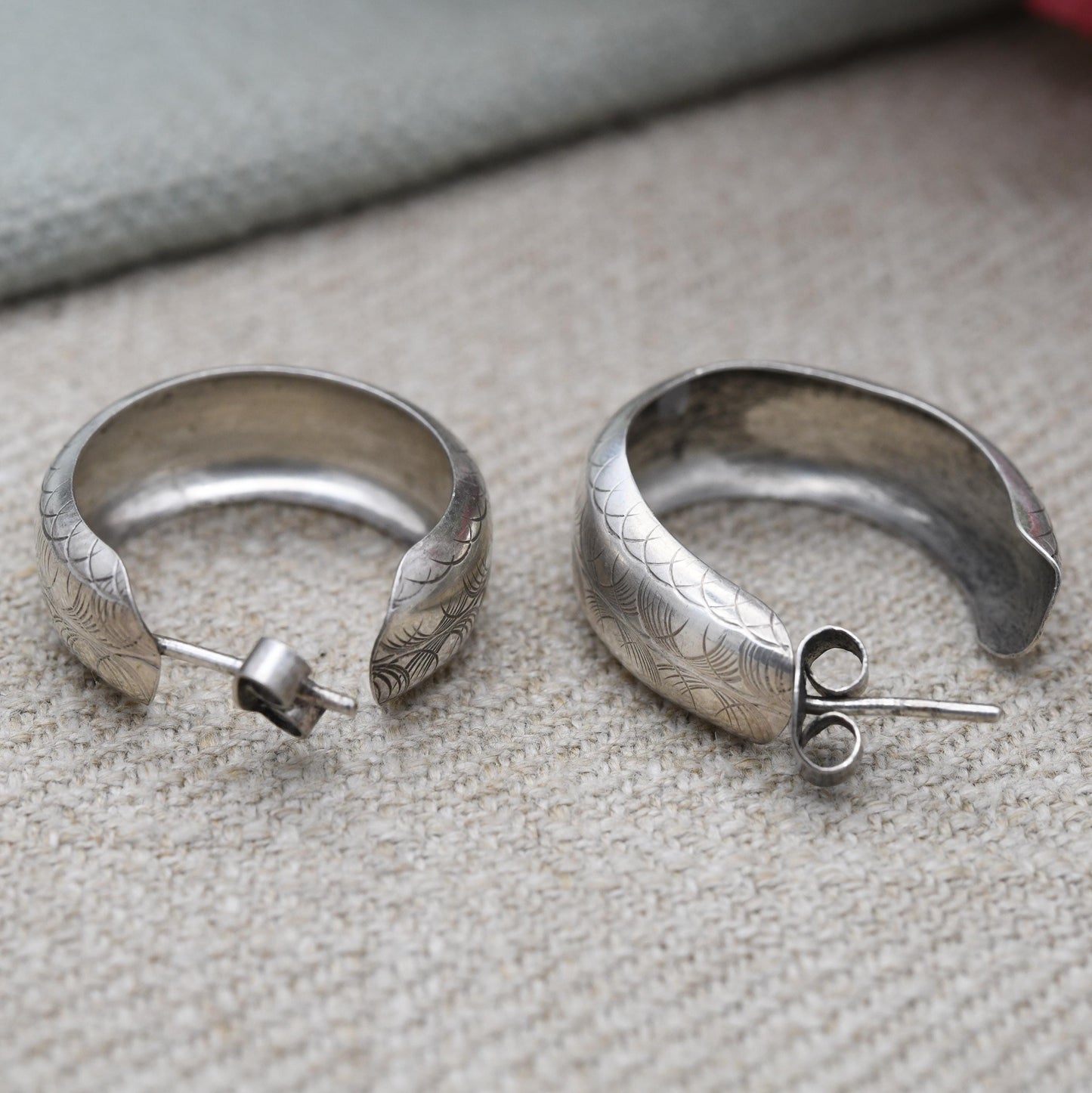 Vintage Sterling Silver C Hoop Earrings - Minimalist | Etched Geometric Pattern Design | Statement Jewellery