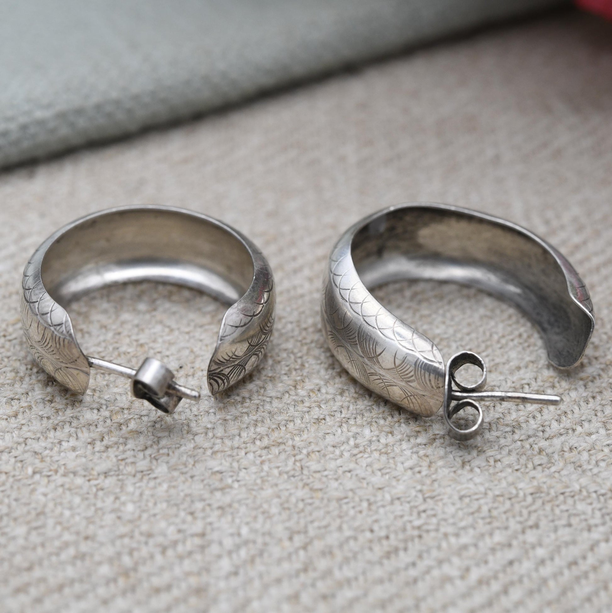 Vintage Sterling Silver C Hoop Earrings - Minimalist | Etched Geometric Pattern Design | Statement Jewellery